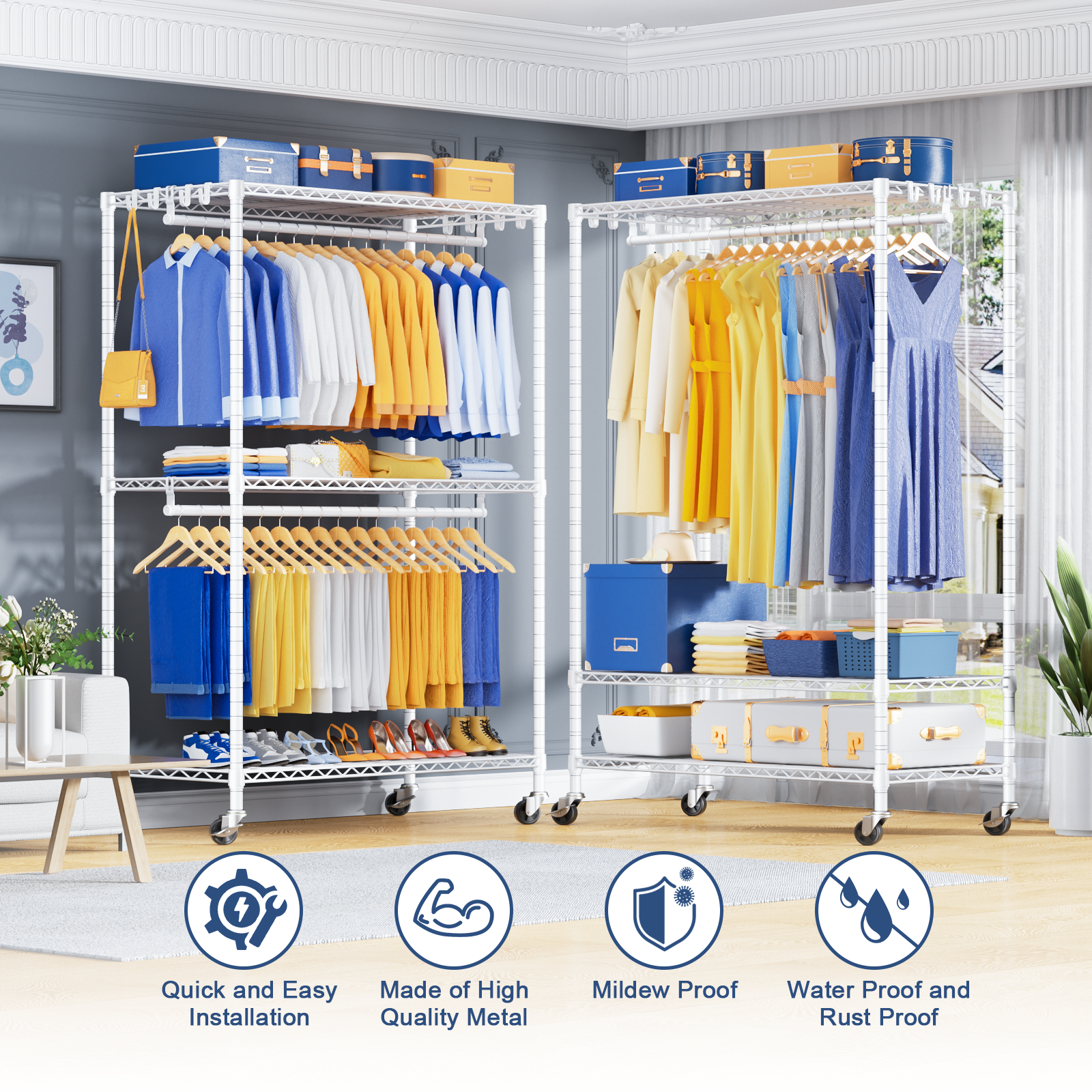 P8 51.2" Extended Single Column Garment Rack (White), 700LBS Load & 3 Adjustable Shelves