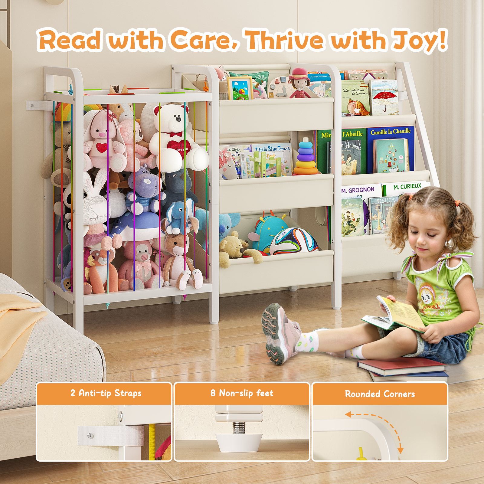 B2 Kids Bookshelf and Toy Storage, 3 Tier Book Shelf for Kids Rooms, Sling Toddler Bookshelf with Stuffed Animal Storage, Montessori Baby Bookcase for Nursery, Bedroom, Playroom, White