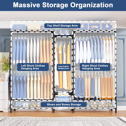 E12C Heavy Duty Closet Organizer System, Adjustable Garment Rack 71" W x 16" D x 76.5" H Holds 960 lbs, Black Rack with Black Dustproof Cover
