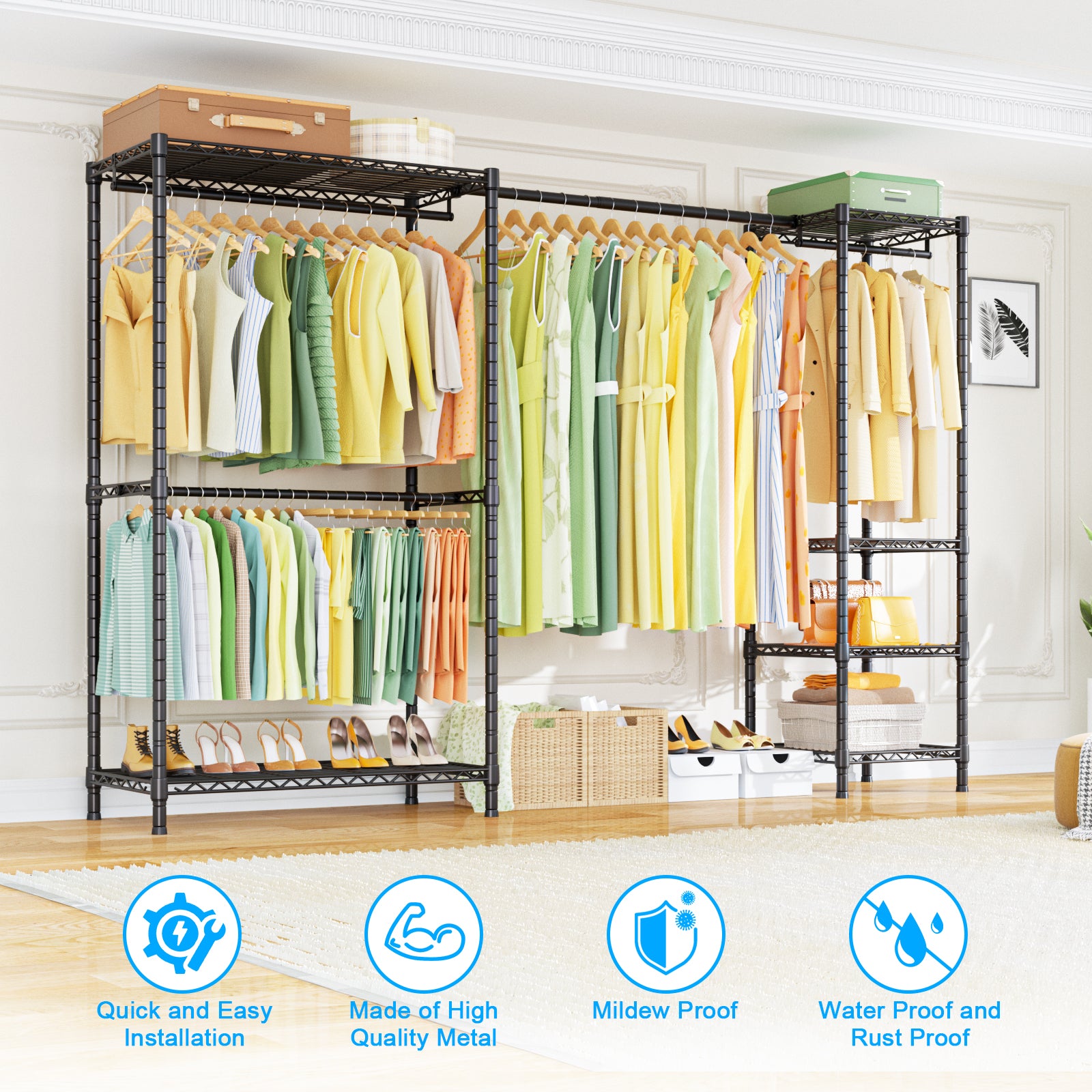 Ulif E10 Heavy Duty Closet Organizer for Bedroom & Laundry Room - Adjustable Clothes Rack with 800lbs Capacity, Freestanding Garment Rack (73-97"W