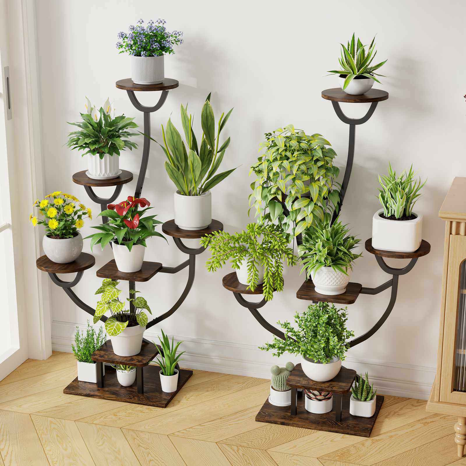 C4 Plant Stand Indoor with Grow Lights - 44.2" Tall Plant Shelf, Lighted Corner Plant Stands for Indoor Growing, 7 Tiered Metal & Wood Plant Holder Display Shelves for Living Room, Patent Design