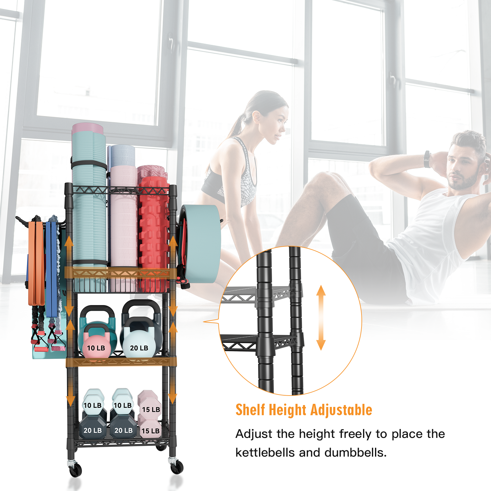 S1 Home Gym Storage, 3 Tiers Workout Equipment Organizer with Wheels for Yoga Mats, Foam Roller, Dumbbells, Kettlebells, and Resistance Bands