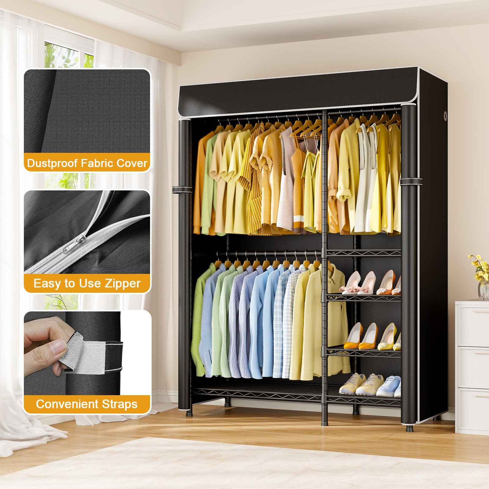 F2C Clothes Rack with Cover, Clothing Racks for Hanging Clothes, Heavy Duty Garment Rack with Shelves and Hanger Rods