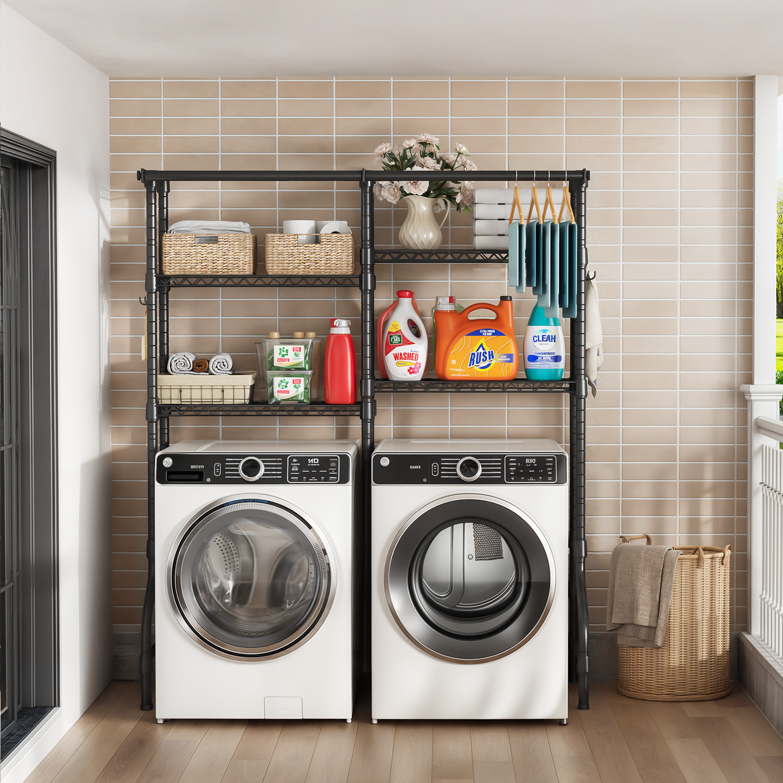 U14 Double Column Over-Washer Garment Rack, 4-Tier Storage & 2 Hanger Rods, 80-90LBS per Shelf Load