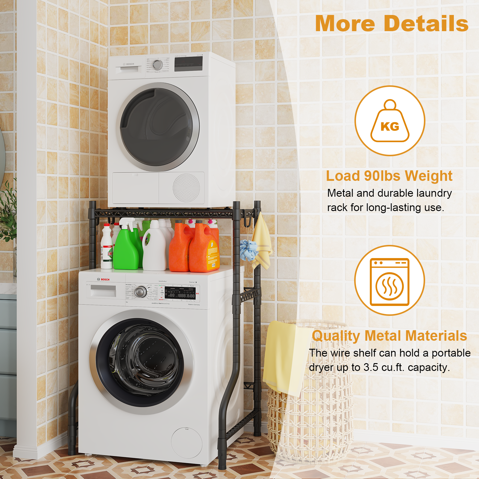 U16 Upgraded Washer Dryer Stacking Rack for Narrow Laundry Room and Bathroom, Metal Over Washer and Dryer Storage Shelves for Saving Space