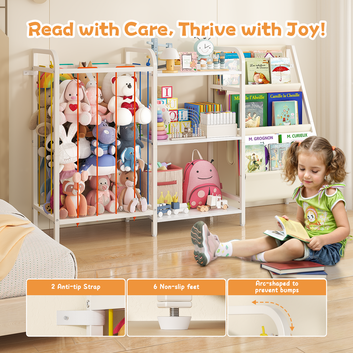 B1 Kids 3-in-1 Bookshelf & Toy Storage (White), 3-Tier Shelves+3 Sling Pockets for Nursery/Playroom