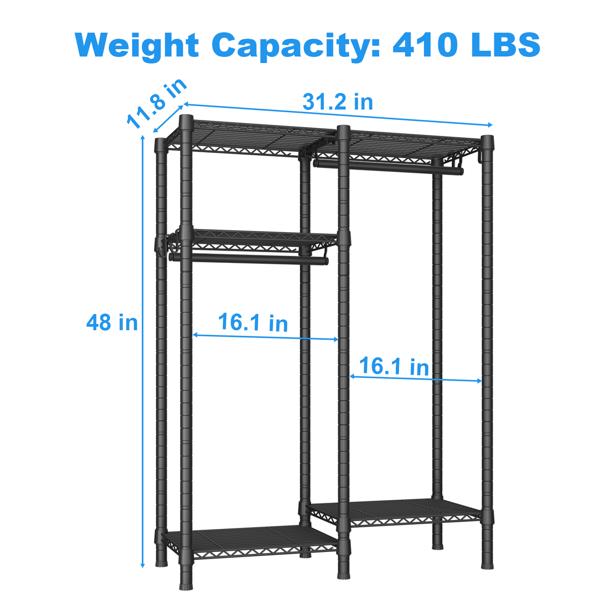 F1 Kids Double Column Garment Rack, Portable Clothing Rack with 4-Tier Shelves & 2 Hanger Rods