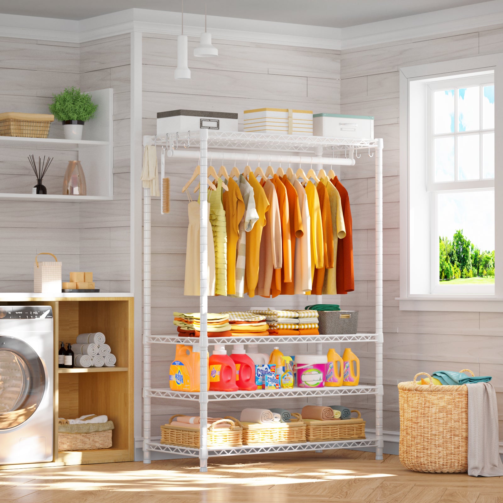 H4 45"W Extended Single Column Garment Rack (Black), 522LBS Load & Anti-Tip Device