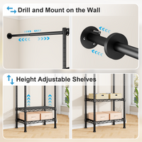 M2 Wall-Mounted Garment Rack (Black), 5.8-8.8ft Width, 4 Extendable Rods & 5-Tier 23.6" Shelves