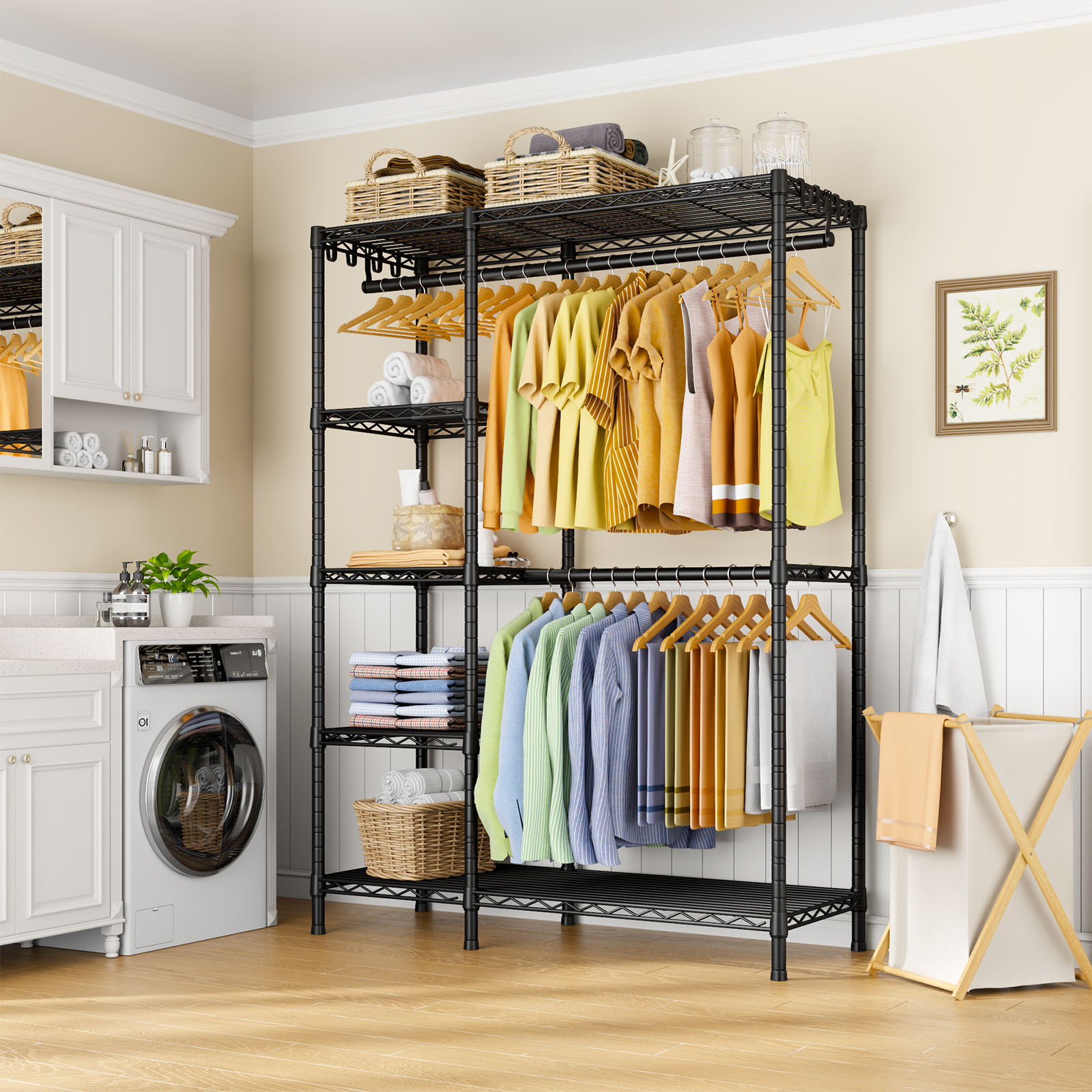 F2 45"W Double Column Garment Rack (Black), 630LBS Load & 5-Tier Adjustable Shelves