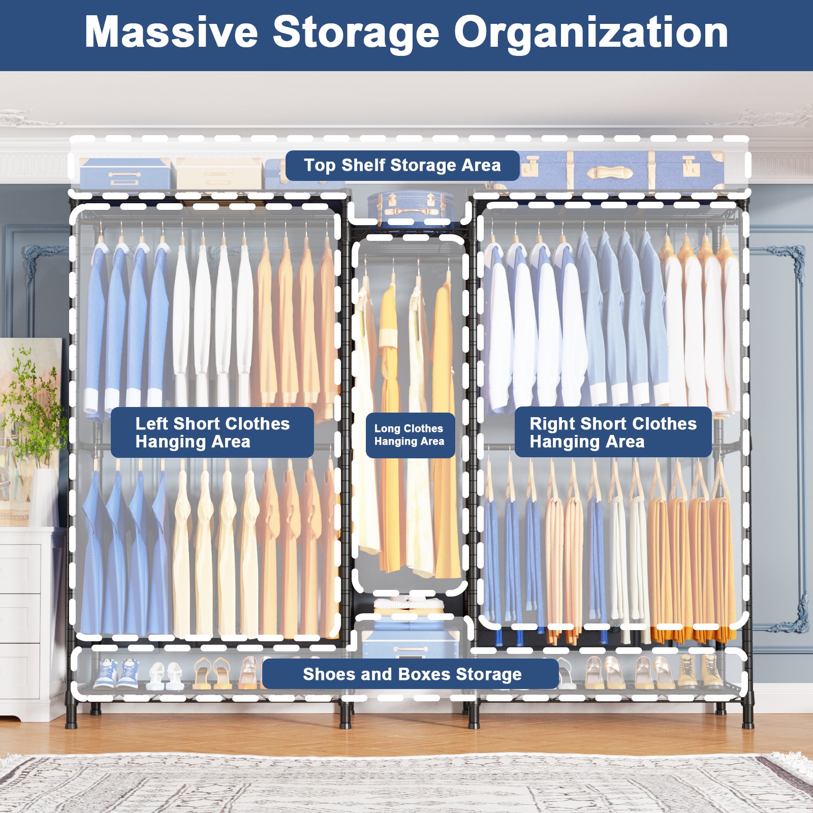 Ulif E12 Clothes Rack,Heavy Duty Freestanding Garment Rack with Shelves,Metal Clothing Closet Storage System for Hanging Clothes，71" W x 16" D x 76.5" H, Hold 960 lbs，Black