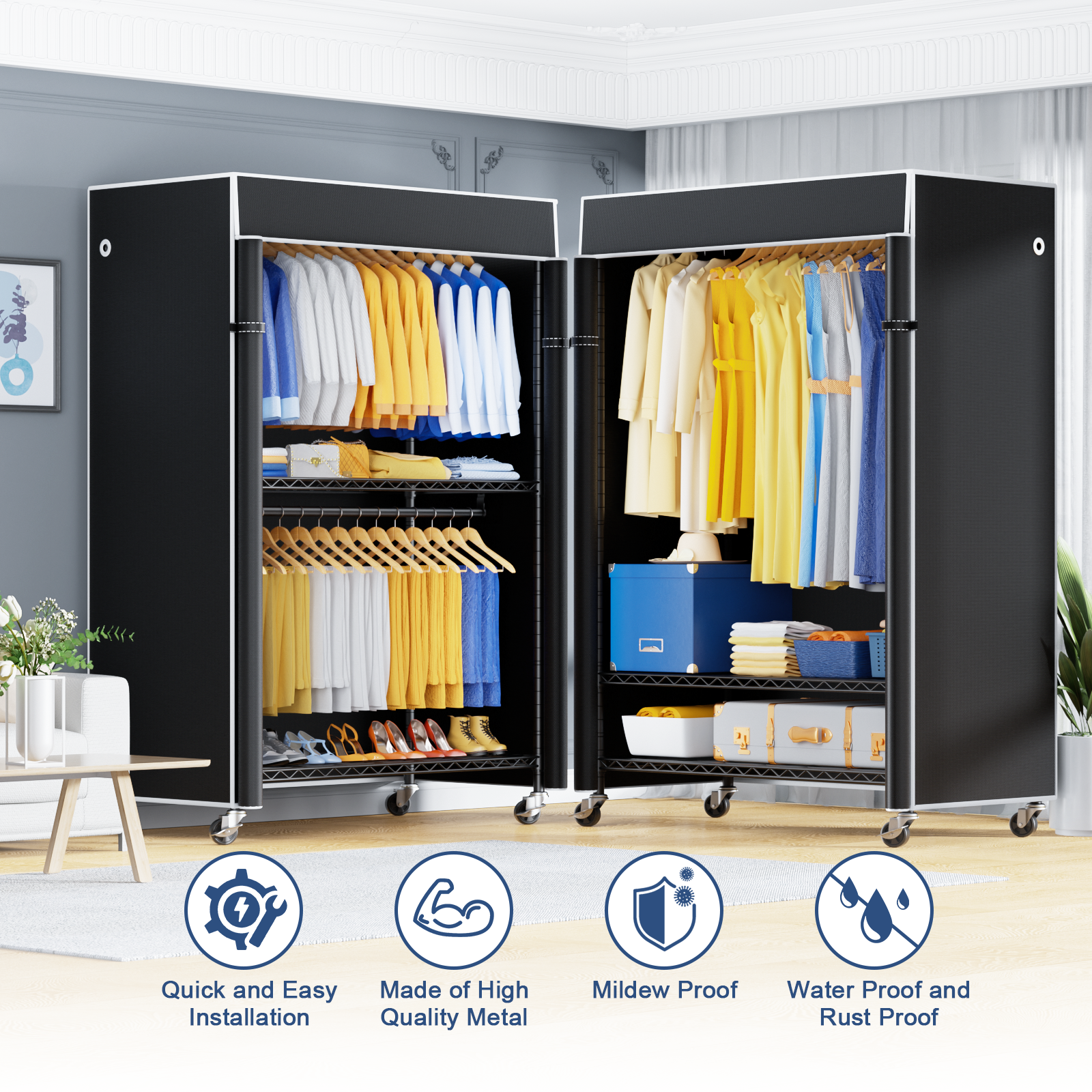 P8C Heavy Duty Clothes Rack（With Extended Width Design） Rolling Clothing Racks for Hanging Clothes with Lockable Wheels，51.2"W x 15.8"D x 80.5"H，Max Load 700LBS