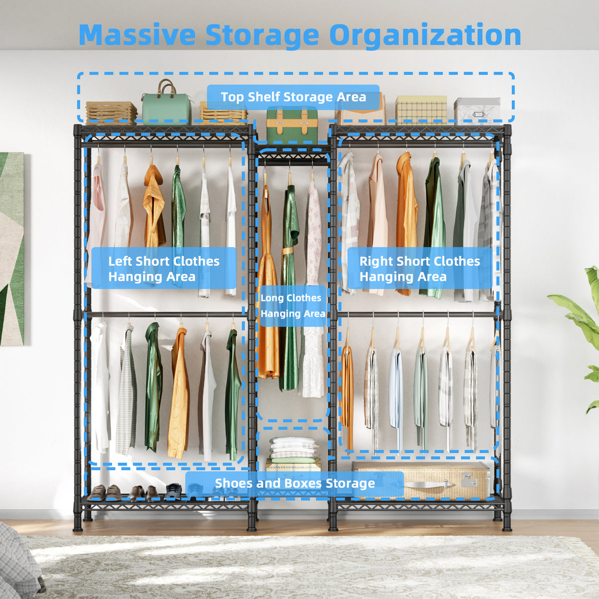 E12 Detachable Triple Column Garment Rack (Gold), 960LBS Load & 6-Tier Shelves with 4 Hanger Rods