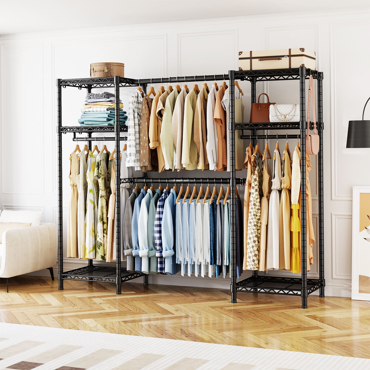E7 52.3-72" Extendable Triple Column Garment Rack (Black), 838LBS Load & 6-Tier Wire Shelves