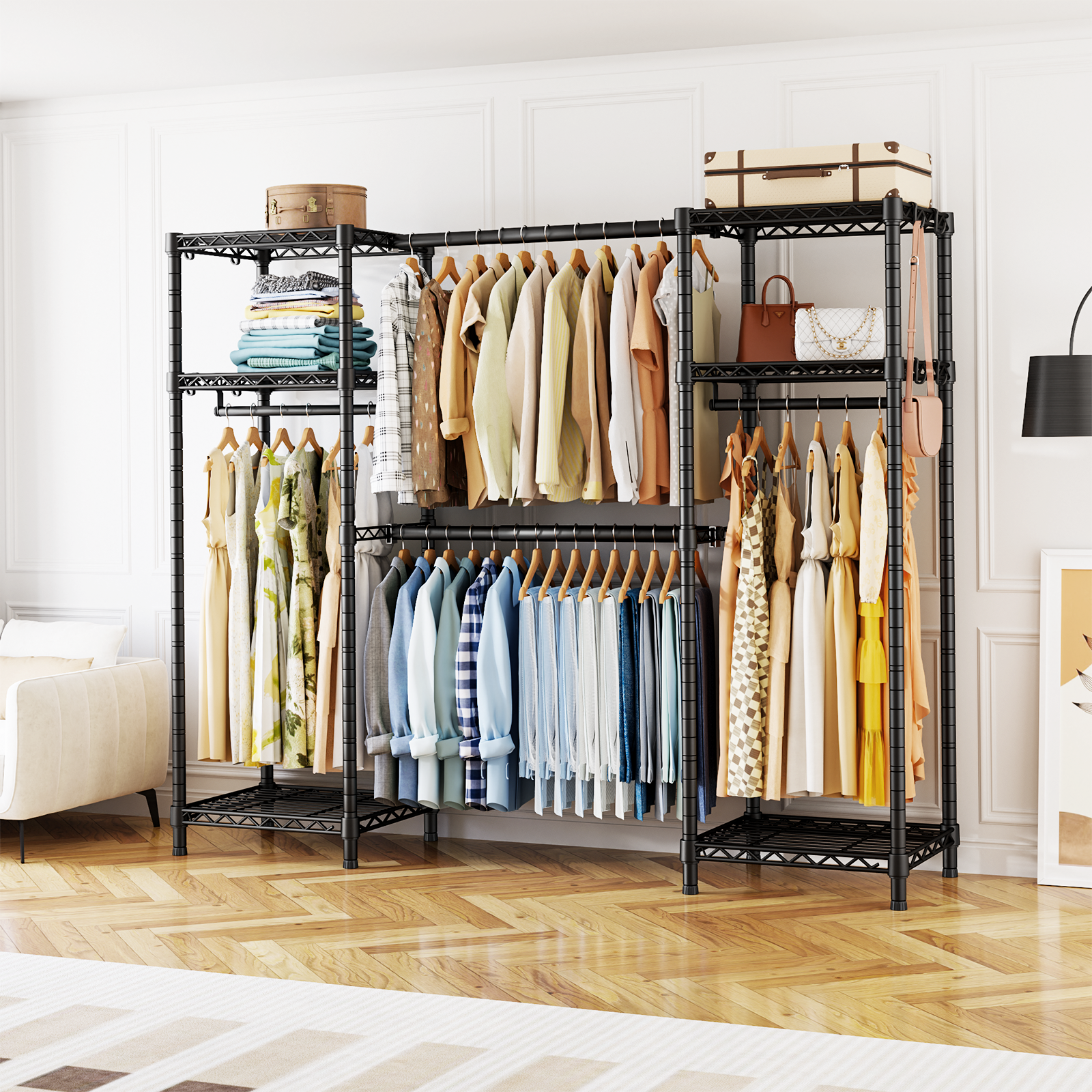 E7 52.3-72" Extendable Triple Column Garment Rack (Black), 838LBS Load & 6-Tier Wire Shelves