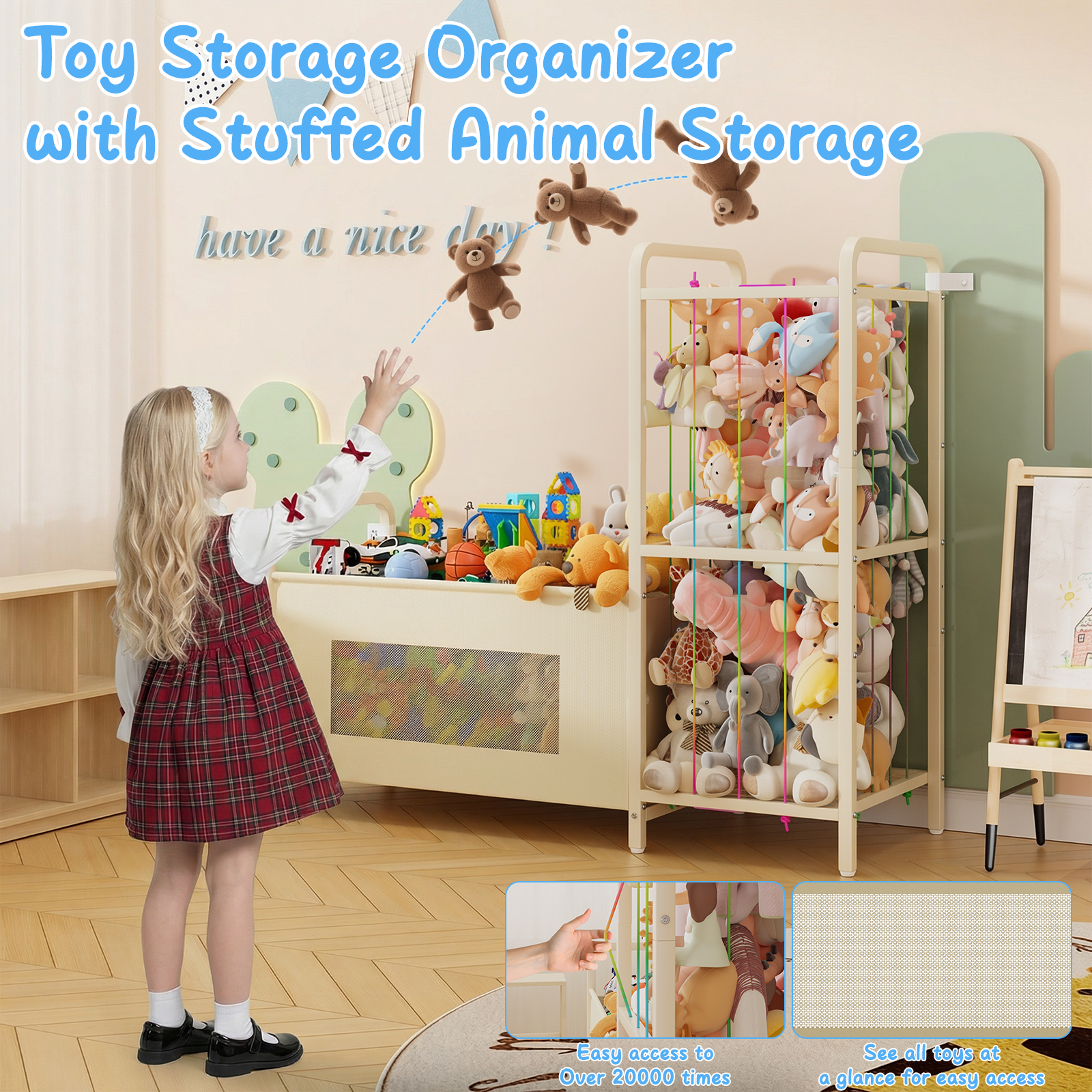 B10 Toy Storage Organizer with Stuffed Animal Storage, Large Toy Box Chest and Stuffed Animal Holder Zoo Organizer with Elastic Ropes for Nursery, Kids Room, Playroom, Bedroom, Beige