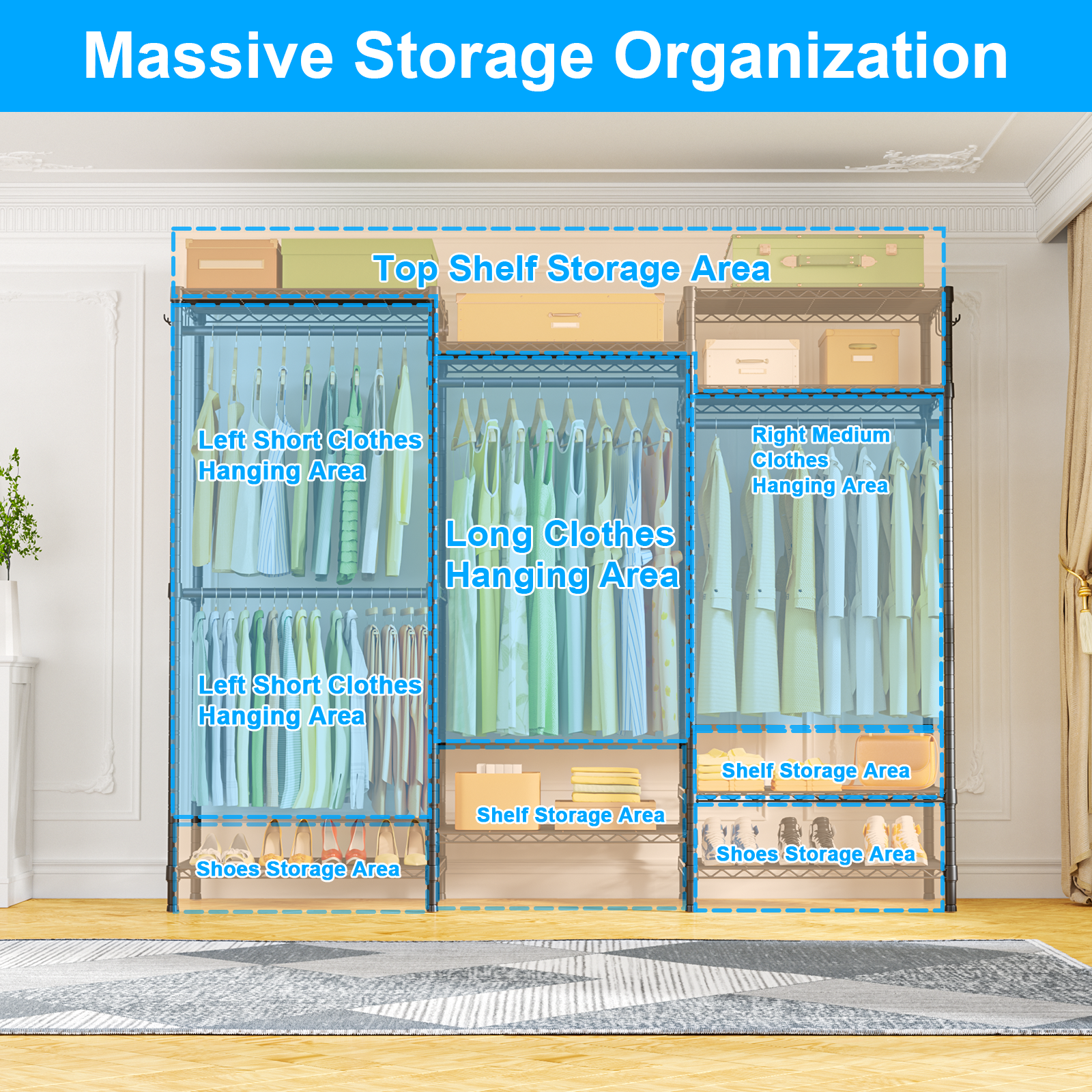 E13C Heavy Duty Closet Organizer System，Freestanding Clothing Racks for Hanging Clothes，Adjustable Garment Rack 63" W x 16" D x 77" H Hold 960 lbs