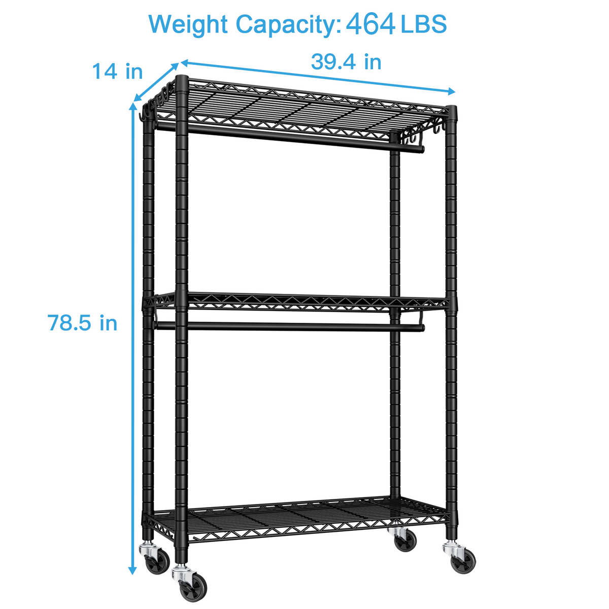 P3 Single Column Garment Rack (Black), 39.4"W, 464LBS Load & 3-Tier Shelves with Lockable Wheels