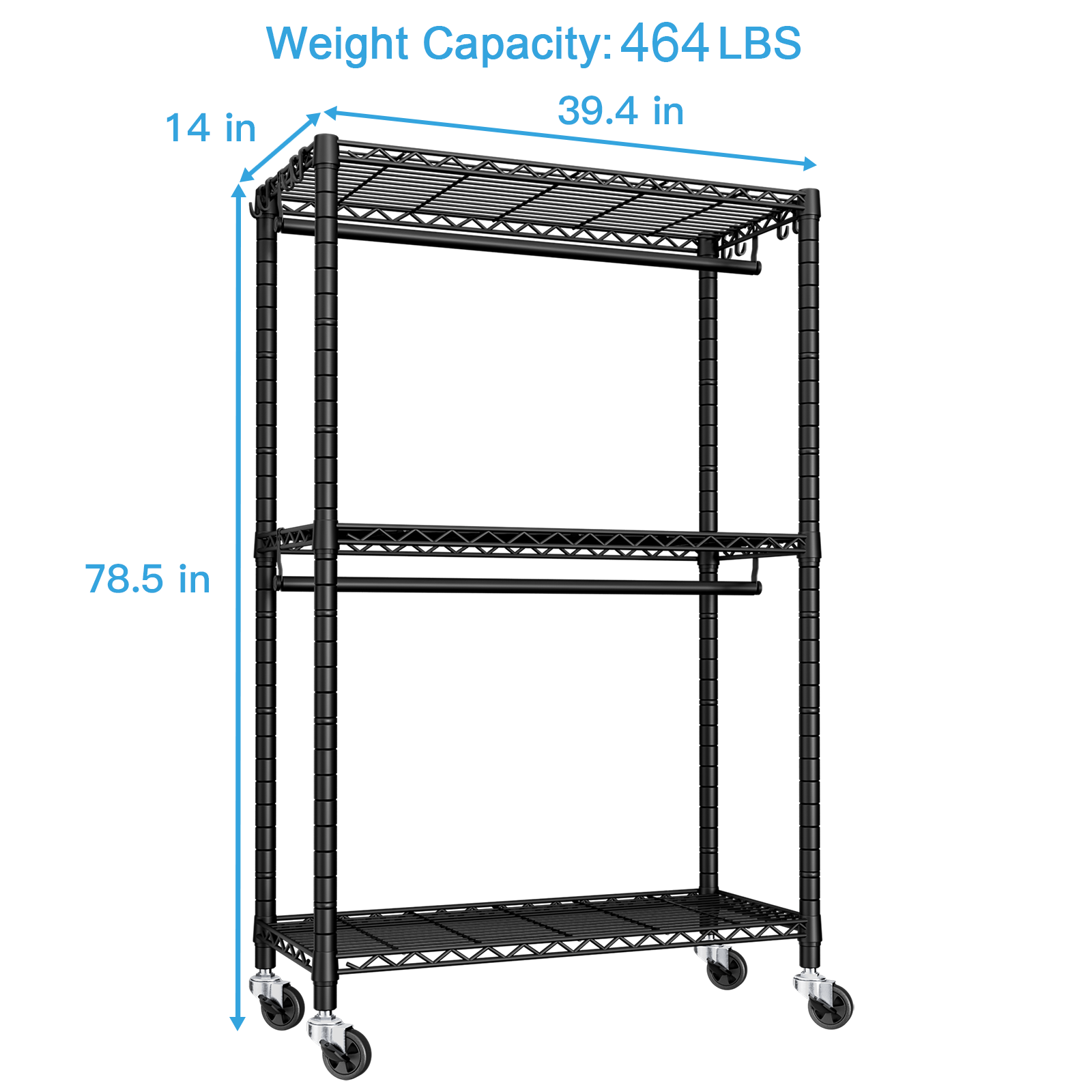 P3 Single Column Garment Rack (Black), 39.4"W, 464LBS Load & 3-Tier Shelves with Lockable Wheels