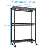 P3 Single Column Garment Rack (Black), 39.4"W, 464LBS Load & 3-Tier Shelves with Lockable Wheels