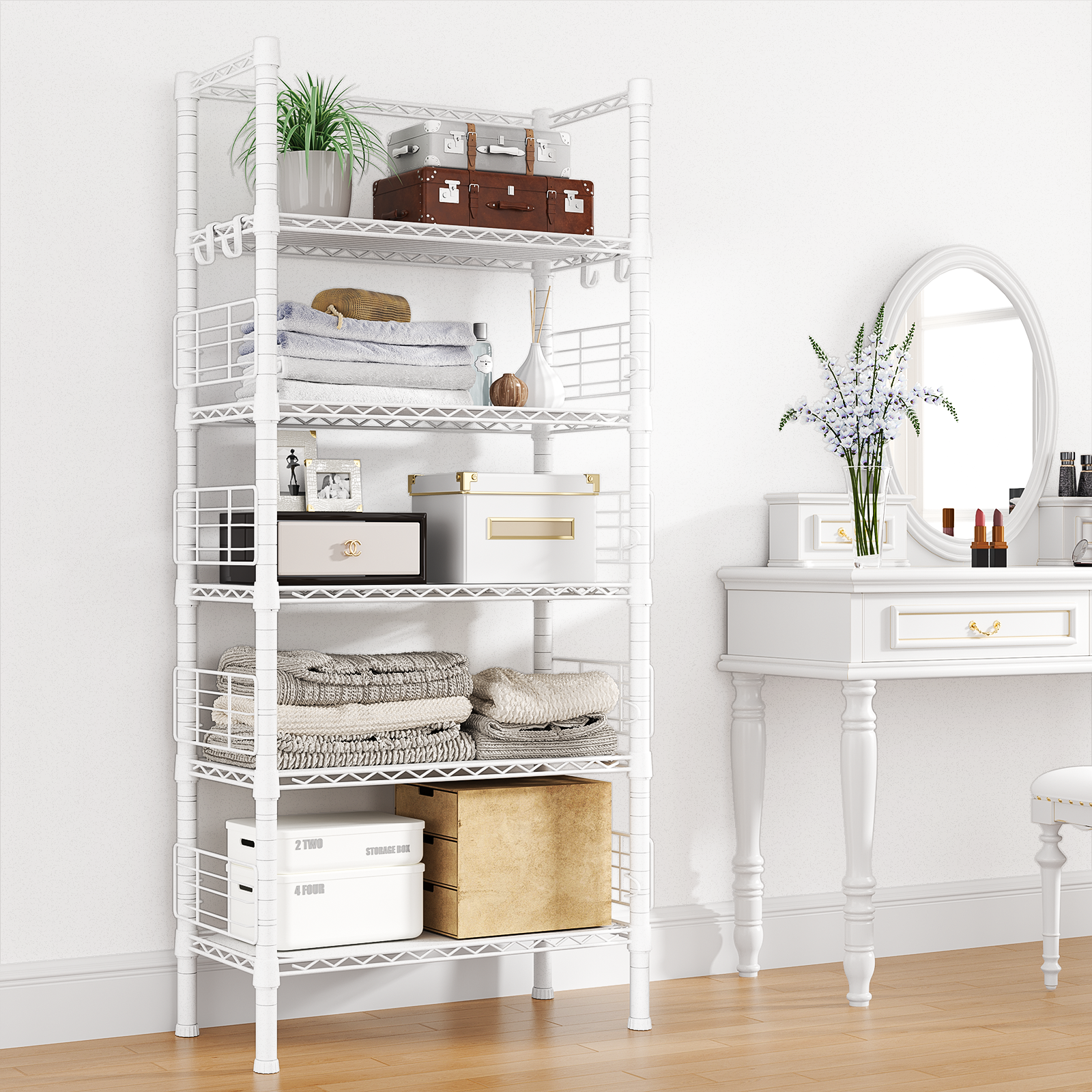 Narrow Metal Storage Rack (Black), 5-Tier, 400LBS Load & Guardrails for Kitchen/Bathroom