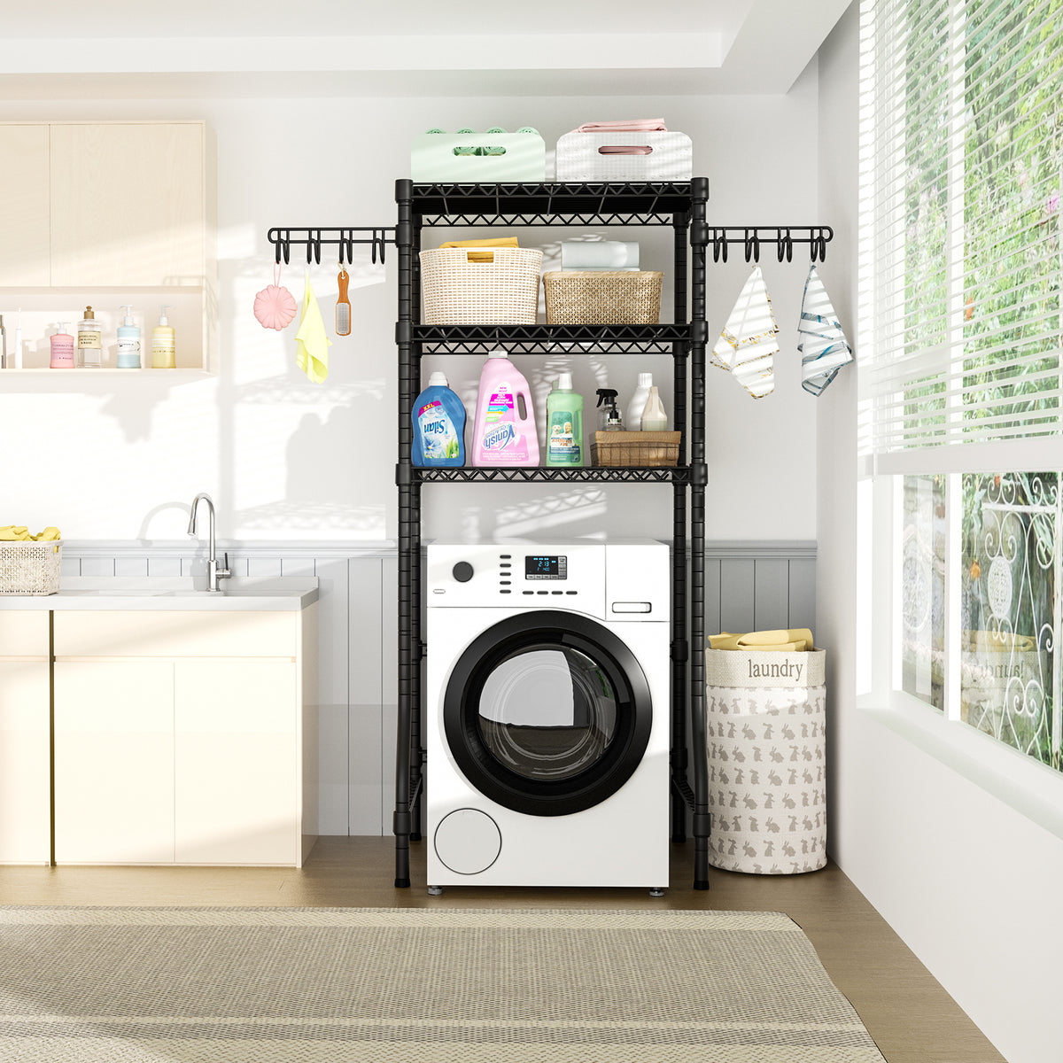 U8 Medium Over-Washer Garment Rack (Black), ≤29.9" Washer Fit, 304LBS Load & Anti-Rust Coating