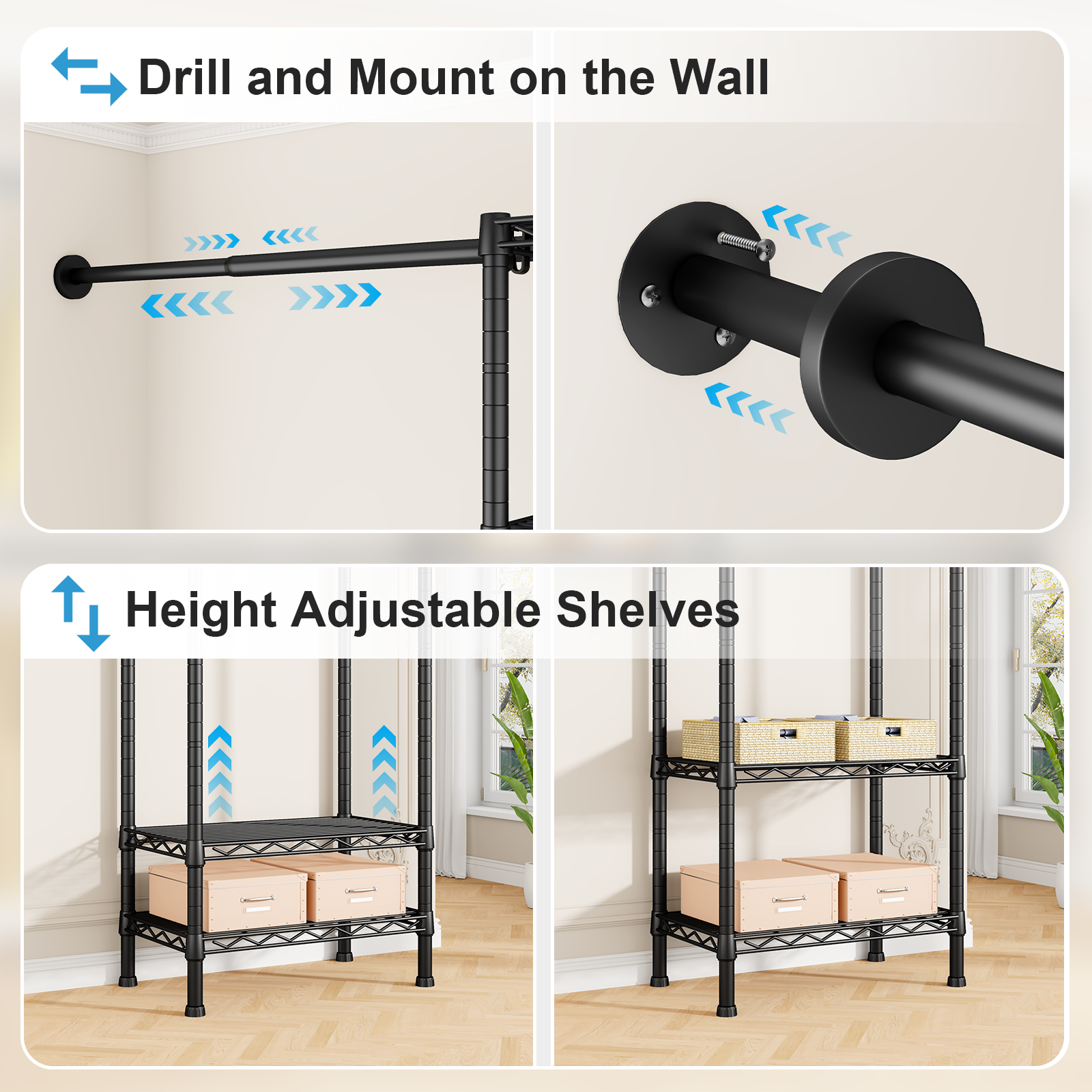 M2 Wall Mounted Closet System, Clothes Rack Mounted onto the Wall with 4 Expandable Hanger Rods and 5 Metal Shelves, Clothing Organizer Storage in (70.8-102.3)" L x 14.5" D x 71.2" H