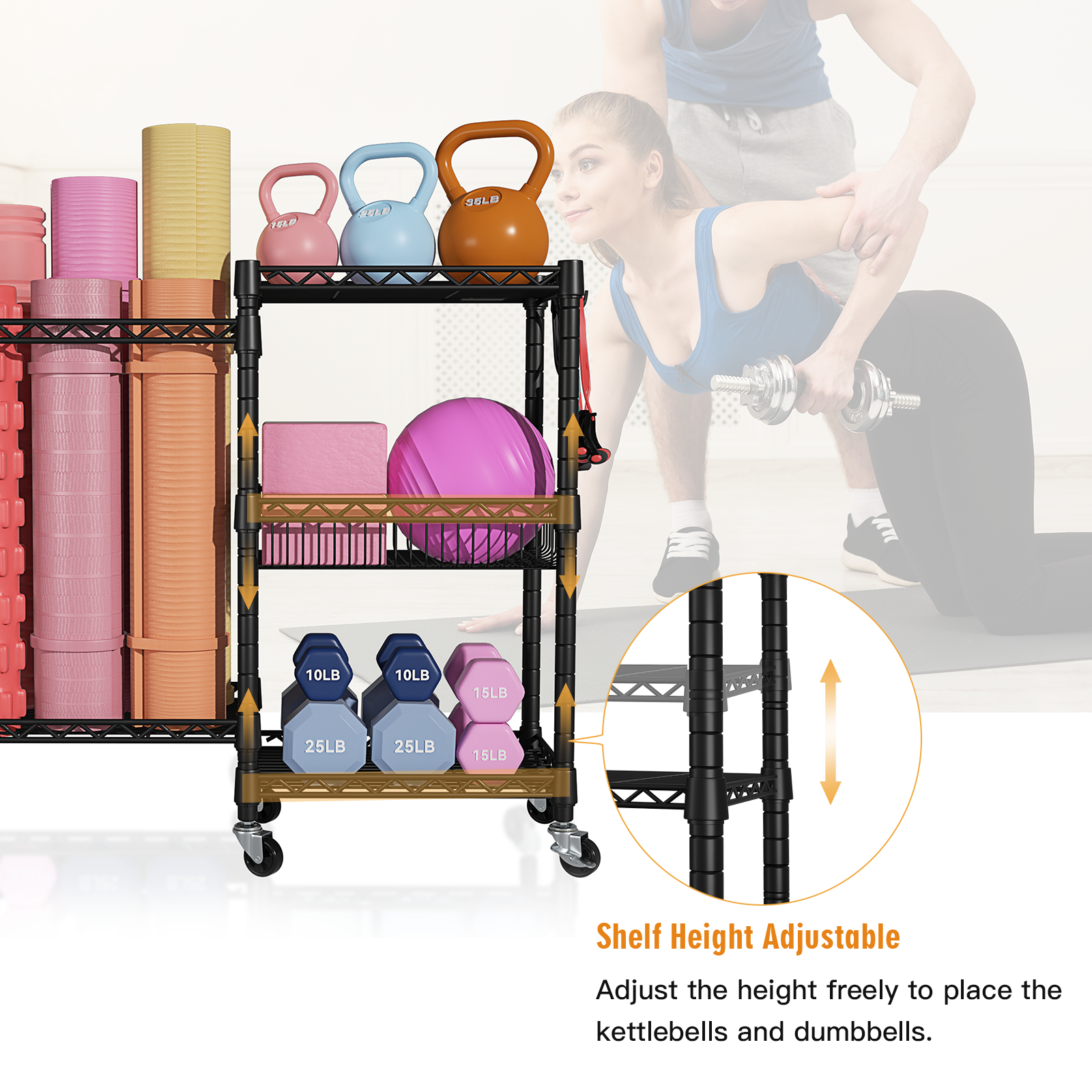S2 Home Gym Storage, 3 Tiers Workout Equipment Organizer with Wheels for Yoga Mats, Foam Roller, Dumbbells, Kettlebells, and Resistance Bands