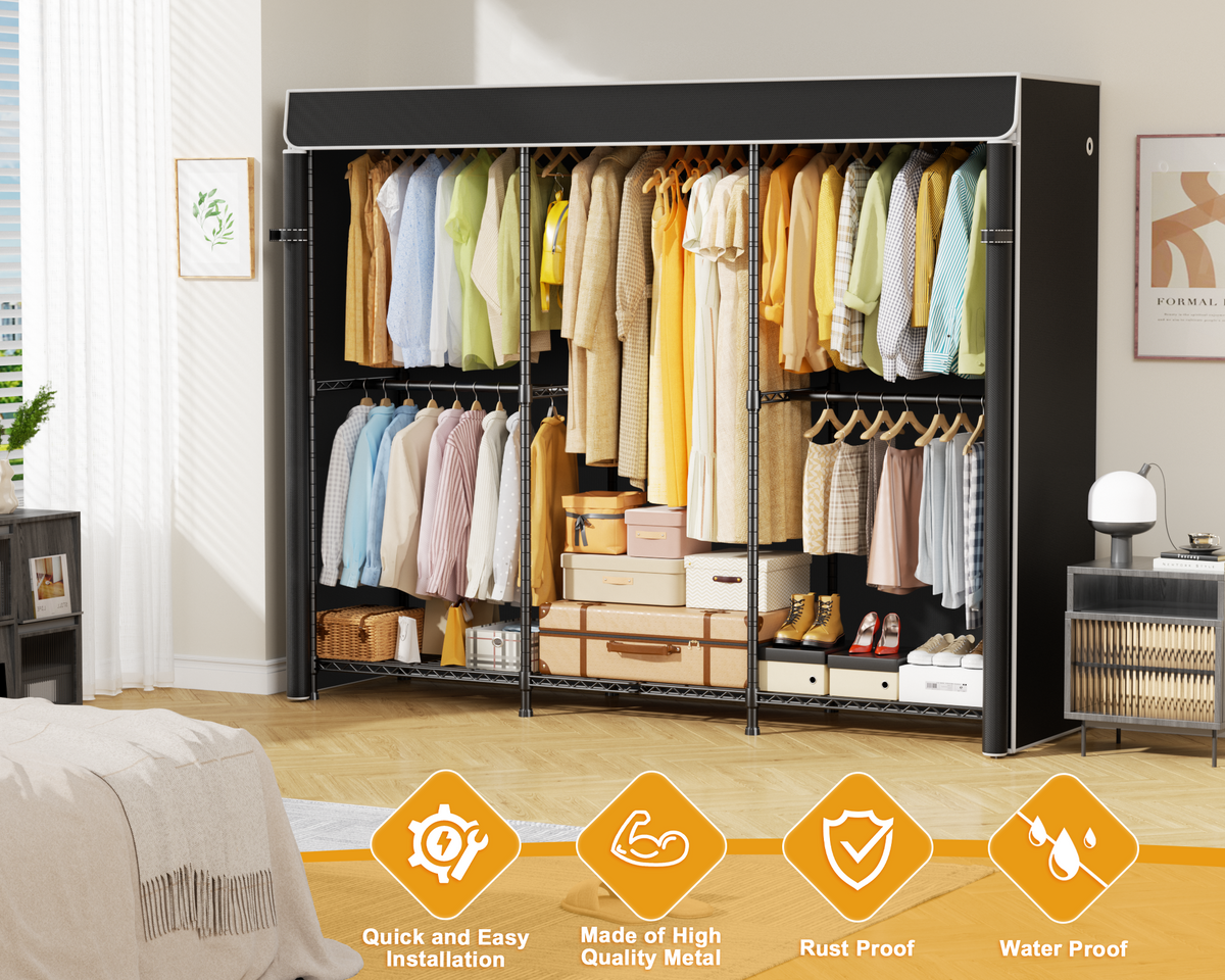 E14C Heavy Duty Closet Organizer System, Adjustable Garment Rack 70.1" W × 16.6" D × 76.4" H Hold 960 lbs, Black Rack with Black Dustproof Cover