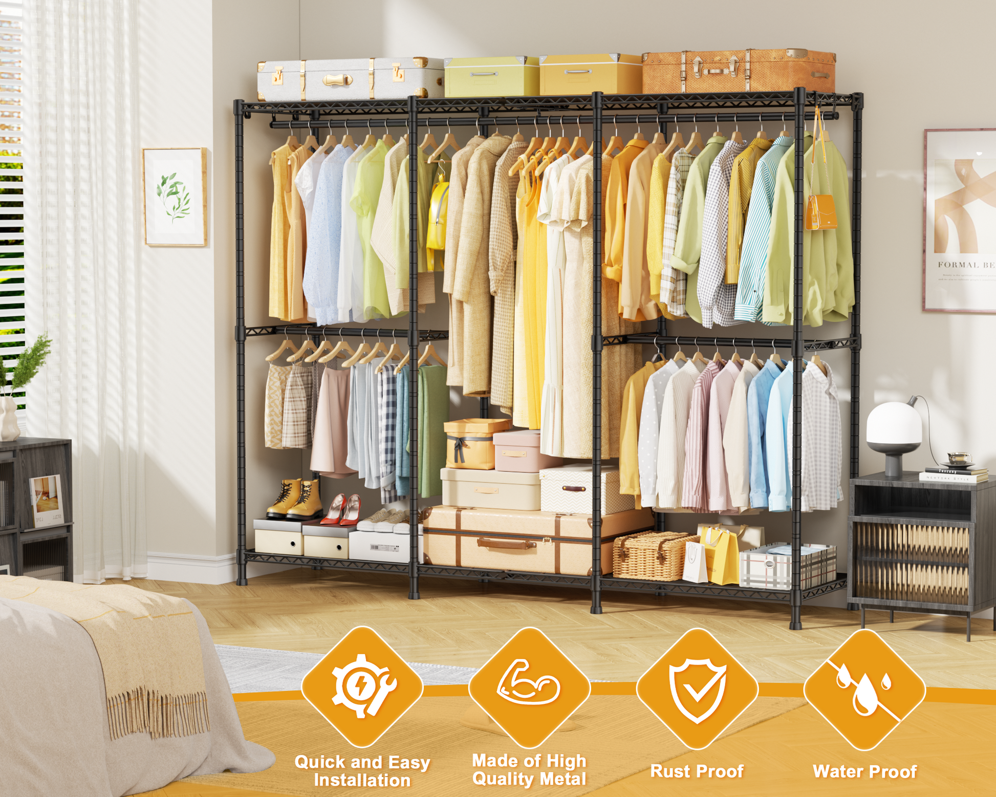 E14 Pro Heavy Duty Clothes Rack，Freestanding Clothing Racks for Hanging Clothes，Adjustable Closet Organizers and Storage，Metal Garment Rack with Shelves