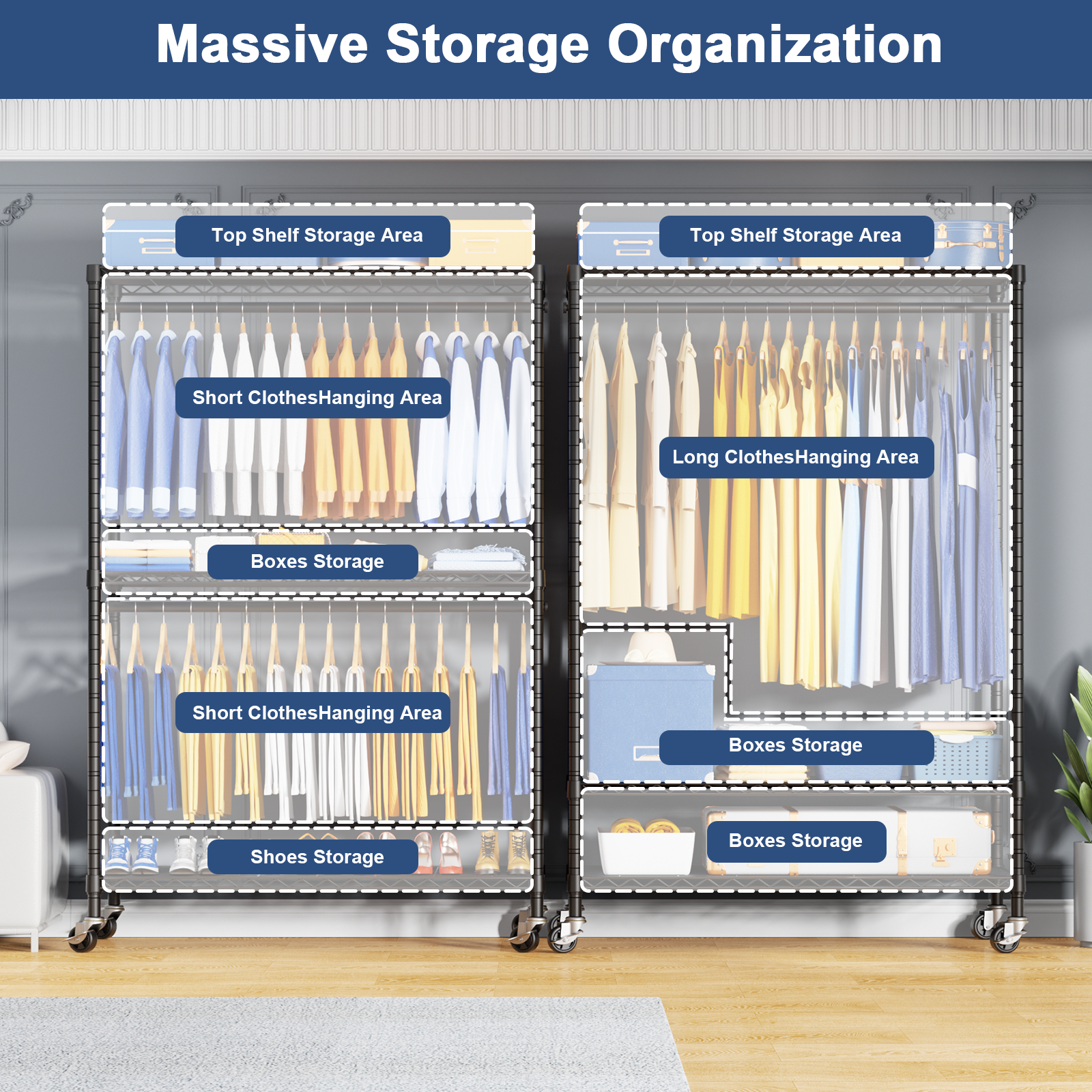P8C Heavy Duty Clothes Rack（With Extended Width Design） Rolling Clothing Racks for Hanging Clothes with Lockable Wheels，51.2"W x 15.8"D x 80.5"H，Max Load 700LBS