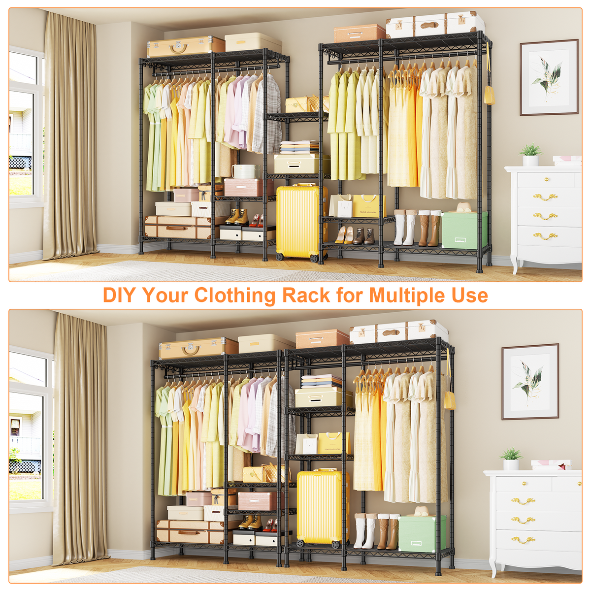 F4 Double Column Garment Rack (Black), 500LBS Load, 4-Tier Shelves & 1 Hanger Rod with Side Hooks