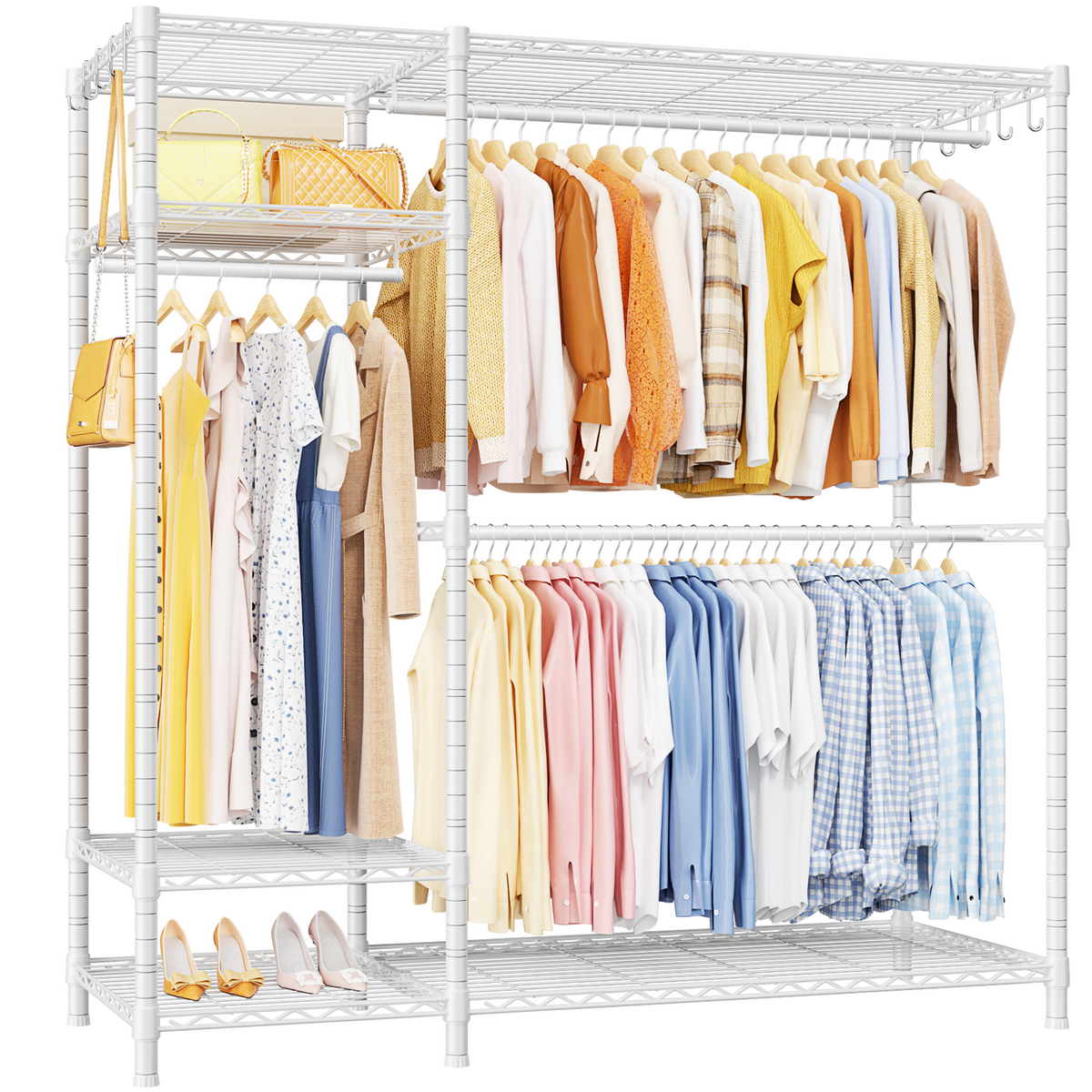 F7 Double Column Garment Rack (Black), 58"W x 14.6"D x 76.6"H, 800LBS Load & 6-Tier Shelves