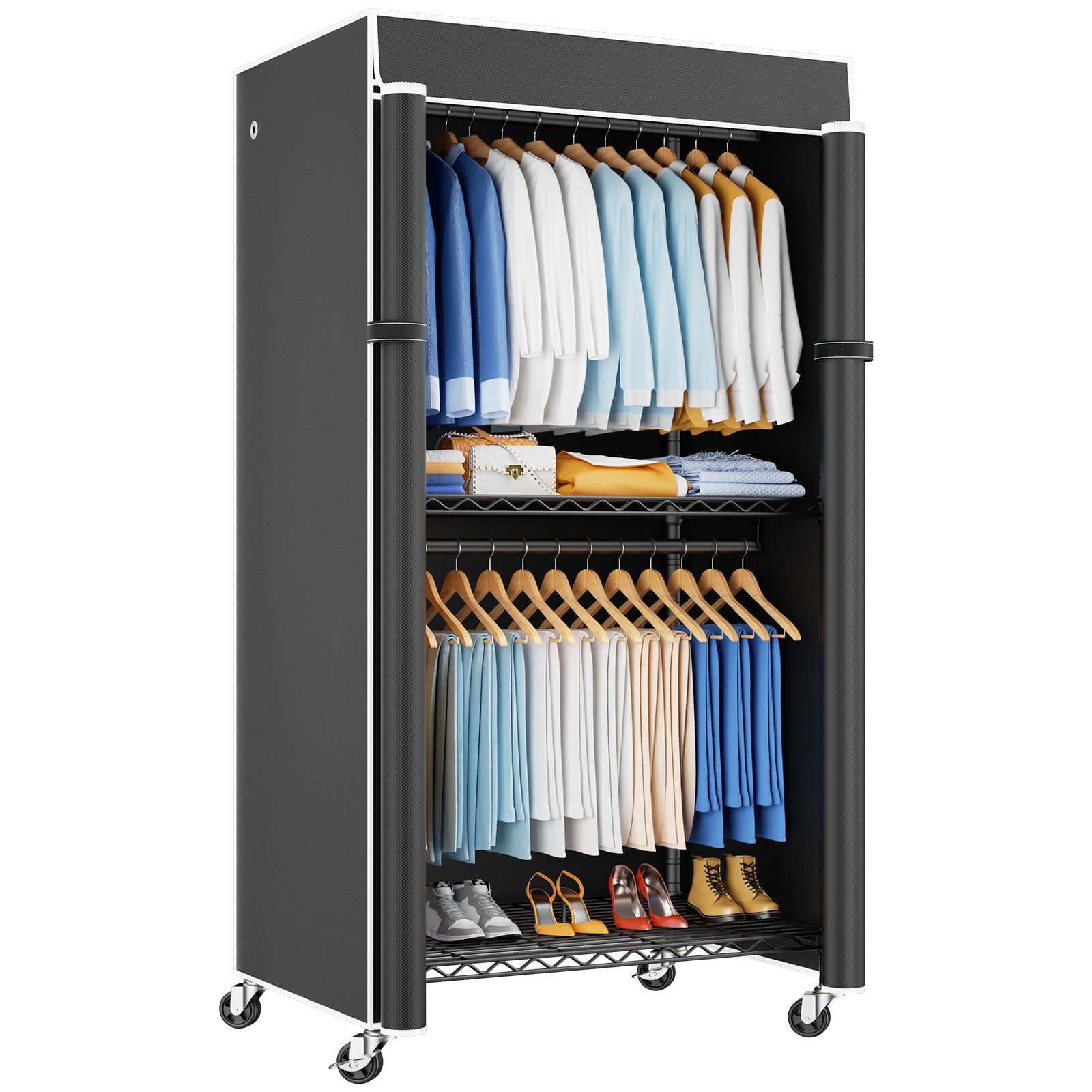 P8C Max Heavy Duty Clothes Rack（With Extended Width Design） Rolling Clothing Racks for Hanging Clothes with Lockable Wheels，51.2"W x 15.8"D x 80.5"H，Max Load 700LBS