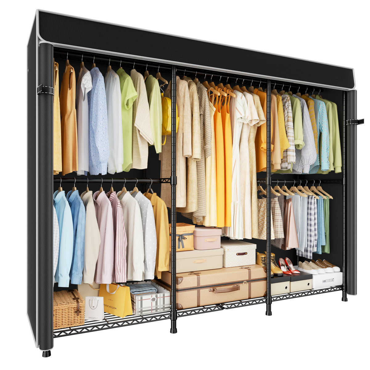E14C Heavy Duty Closet Organizer System, Adjustable Garment Rack 70.1" W × 16.6" D × 76.4" H Hold 960 lbs, Black Rack with Black Dustproof Cover
