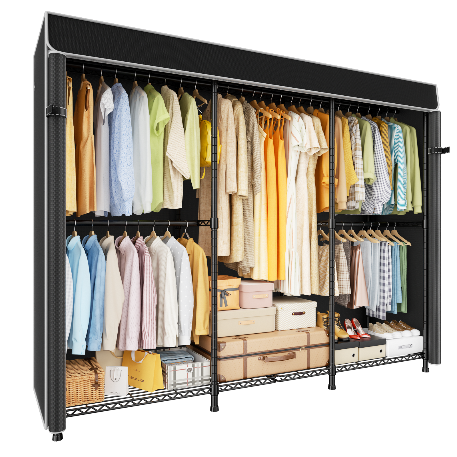 E14C Heavy Duty Closet Organizer System, Adjustable Garment Rack 70.1" W × 16.6" D × 76.4" H Hold 960 lbs, Black Rack with Black Dustproof Cover
