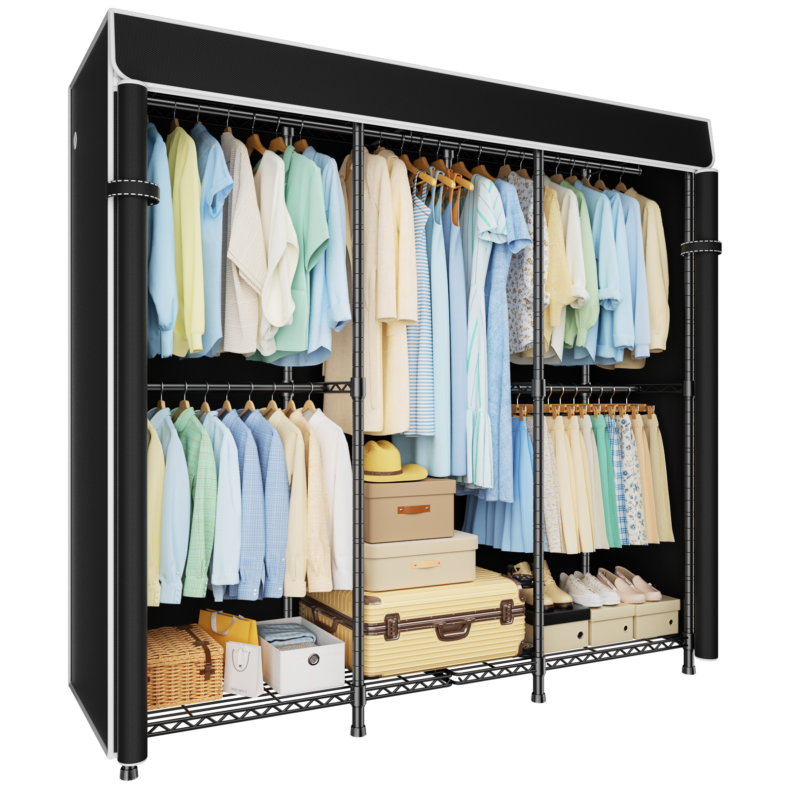 E14C Pro Heavy Duty Closet Organizer System, Adjustable Garment Rack 70.1" W × 16.6" D × 76.4" H Hold 960 lbs, Black Rack with Black Dustproof Cover