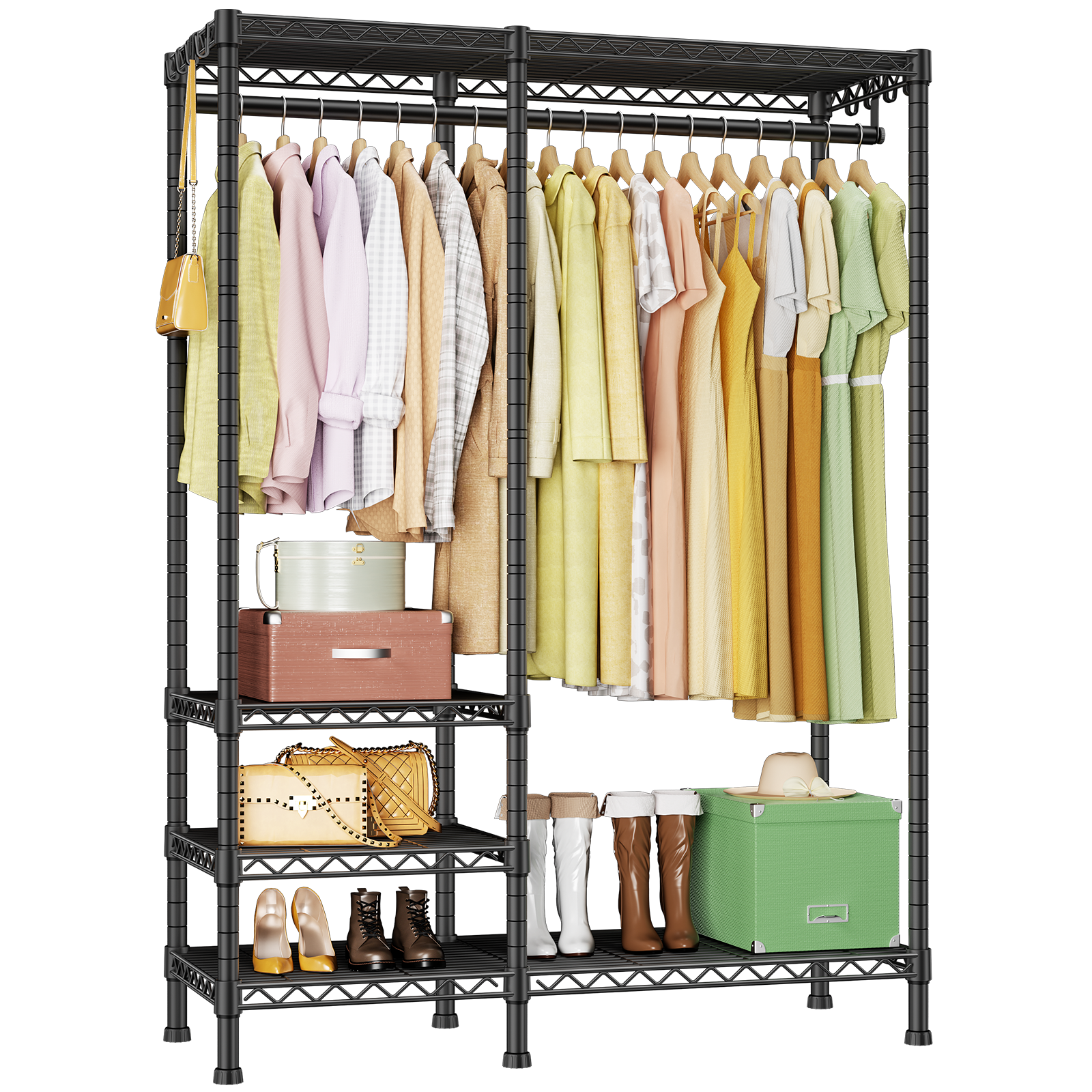 F4 Double Column Garment Rack (Black), 500LBS Load, 4-Tier Shelves & 1 Hanger Rod with Side Hooks