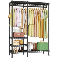 F4 Double Column Garment Rack (Black), 500LBS Load, 4-Tier Shelves & 1 Hanger Rod with Side Hooks