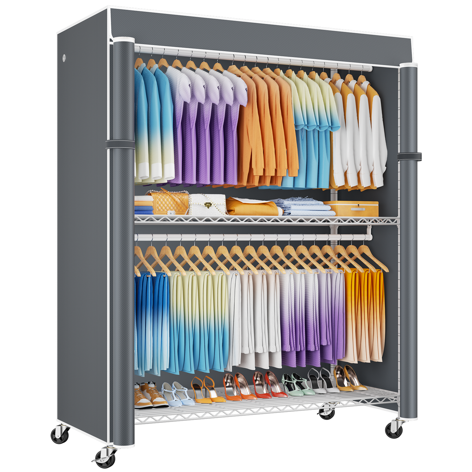 P8C Max Heavy Duty Clothes Rack（With Extended Width Design） Rolling Clothing Racks for Hanging Clothes with Lockable Wheels，51.2"W x 15.8"D x 80.5"H，Max Load 700LBS