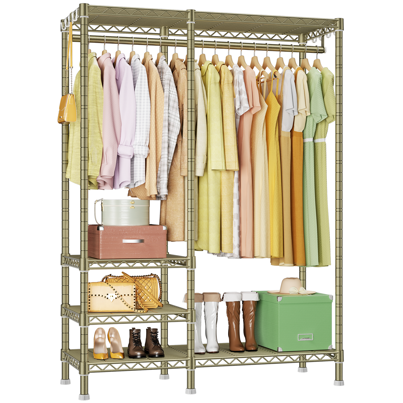 F4 Double Column Garment Rack (Black), 500LBS Load, 4-Tier Shelves & 1 Hanger Rod with Side Hooks