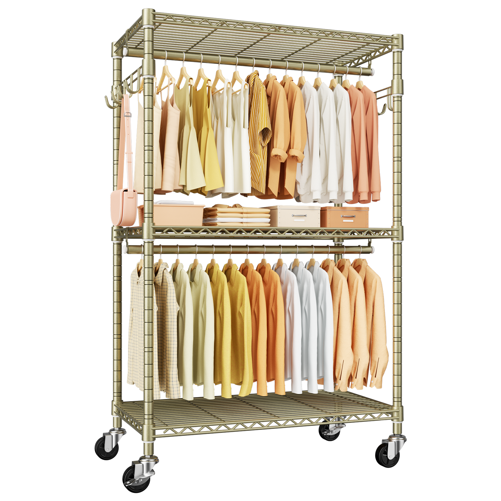 P1 35.4"W Single Column Garment Rack with Lockable Wheels, 500LBS Capacity & 3 Adjustable Wire Shelves
