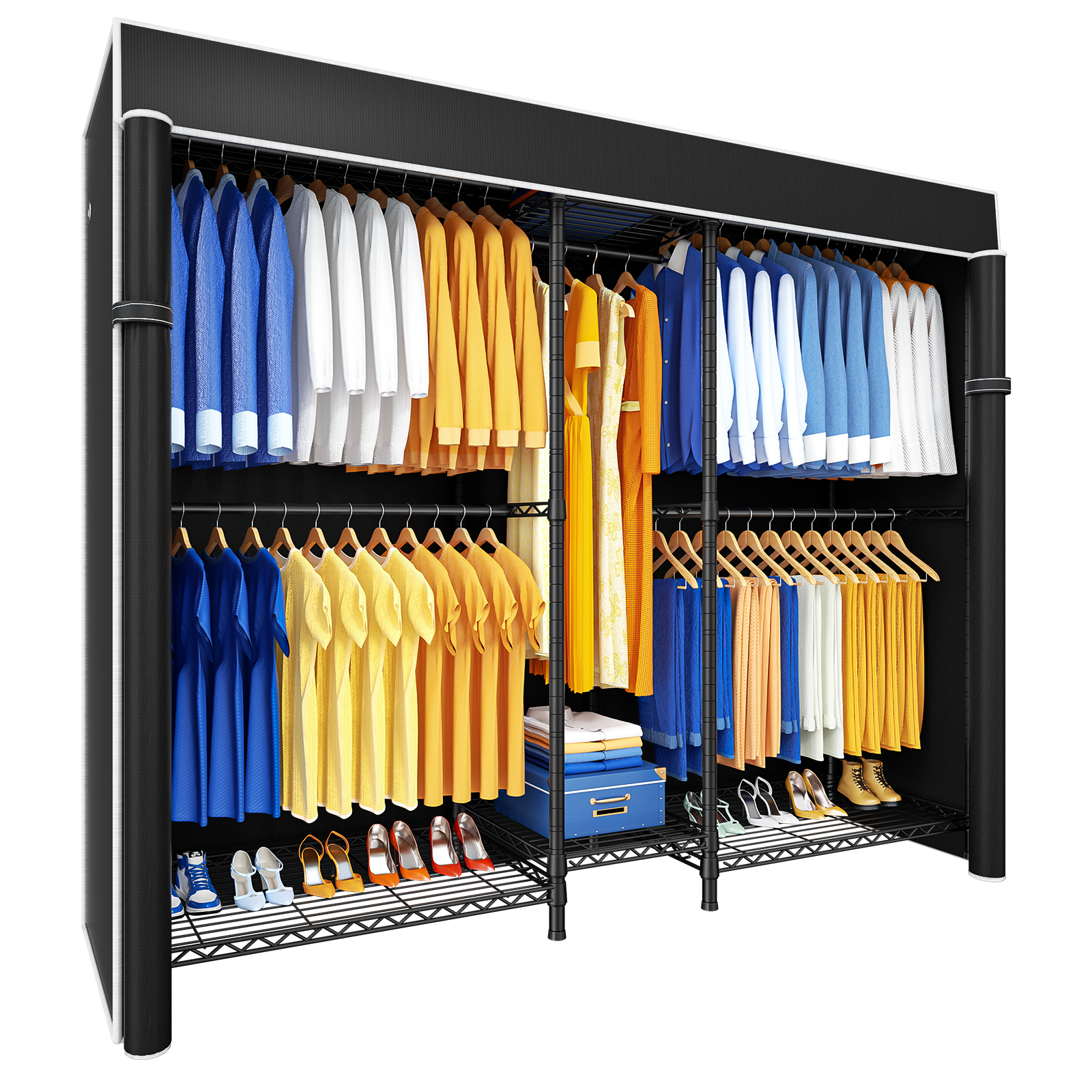 E12C Heavy Duty Closet Organizer System, Adjustable Garment Rack 71" W x 16" D x 76.5" H Holds 960 lbs, Black Rack with Black Dustproof Cover