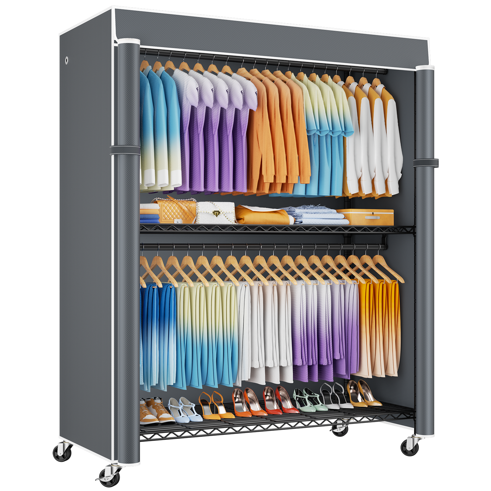P8C Max Heavy Duty Clothes Rack（With Extended Width Design） Rolling Clothing Racks for Hanging Clothes with Lockable Wheels，51.2"W x 15.8"D x 80.5"H，Max Load 700LBS