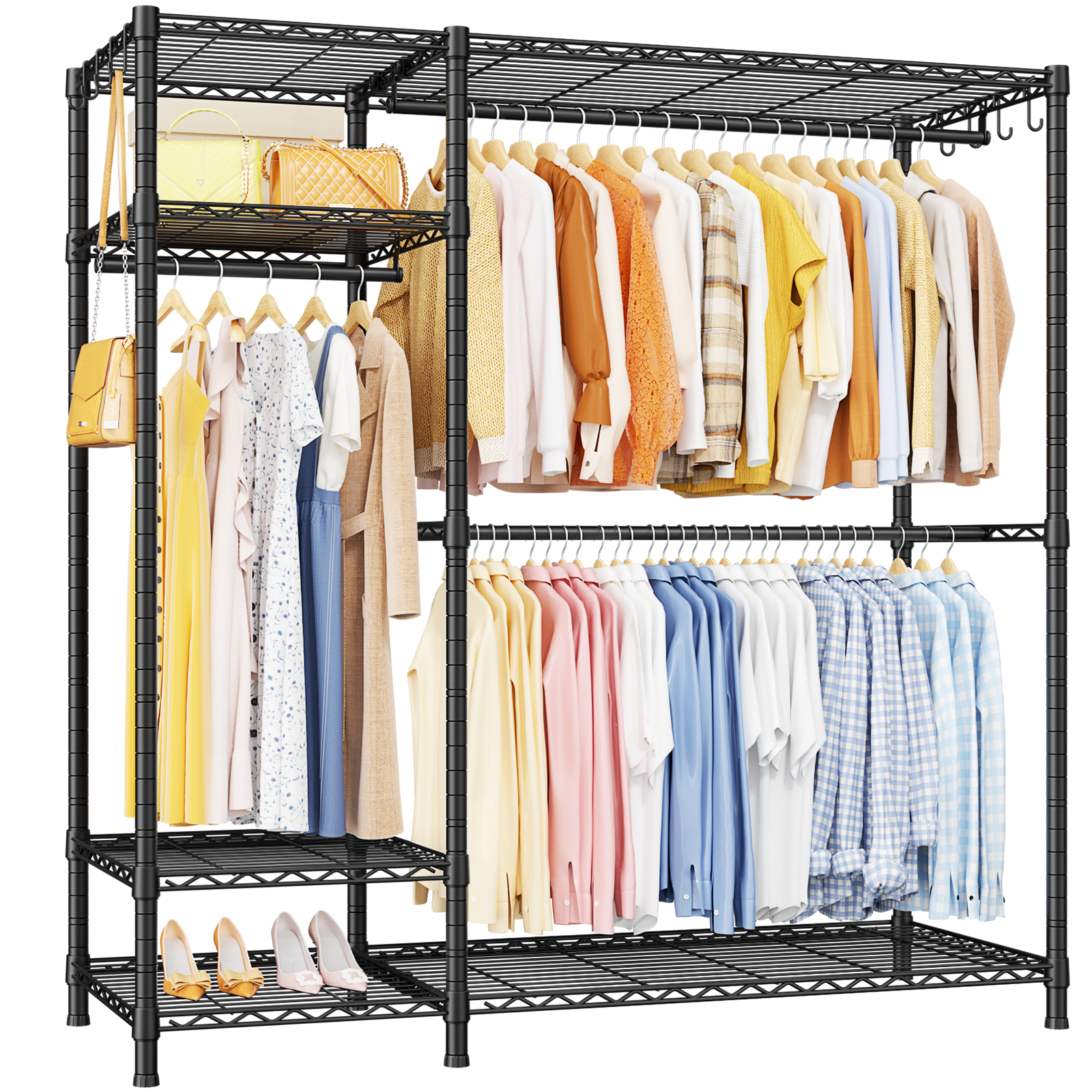 F7 Double Column Garment Rack (Black), 58"W x 14.6"D x 76.6"H, 800LBS Load & 6-Tier Shelves