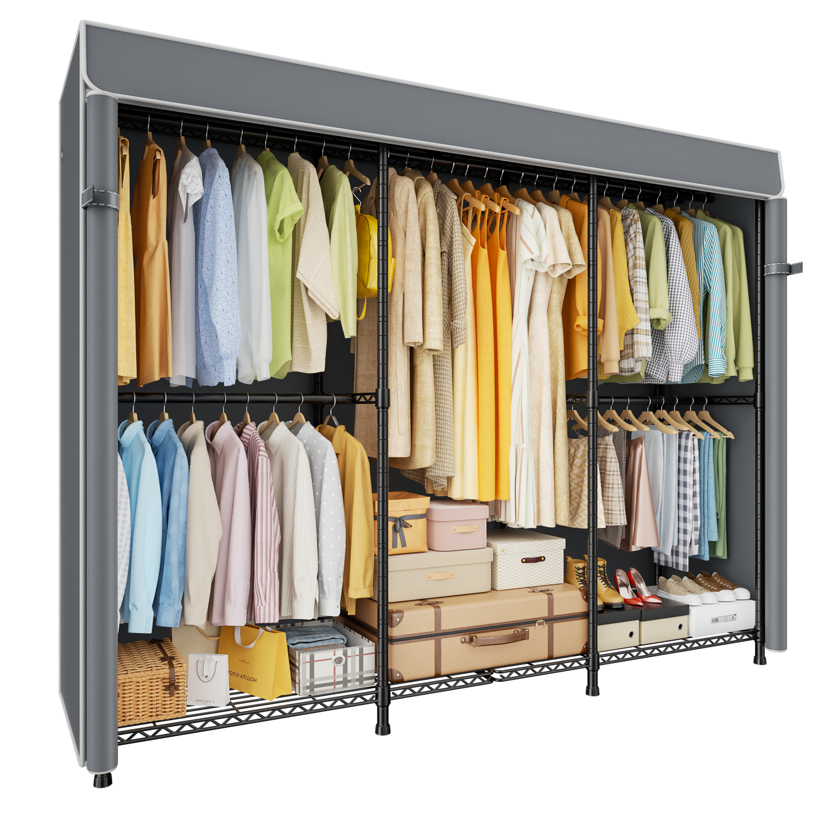 E14C Heavy Duty Closet Organizer System, Adjustable Garment Rack 70.1" W × 16.6" D × 76.4" H Hold 960 lbs, Black Rack with Black Dustproof Cover