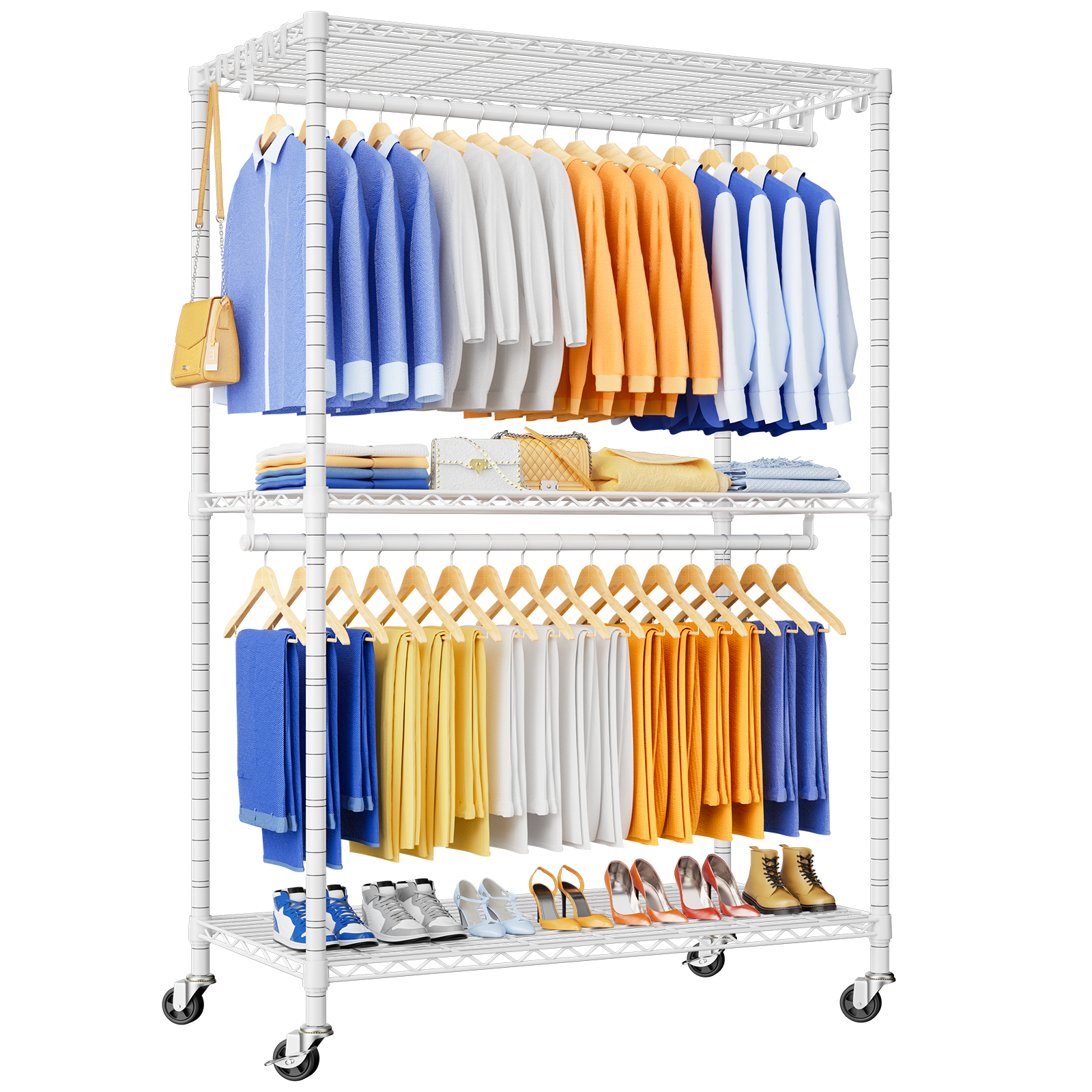 P8 51.2" Extended Single Column Garment Rack (White), 700LBS Load & 3 Adjustable Shelves