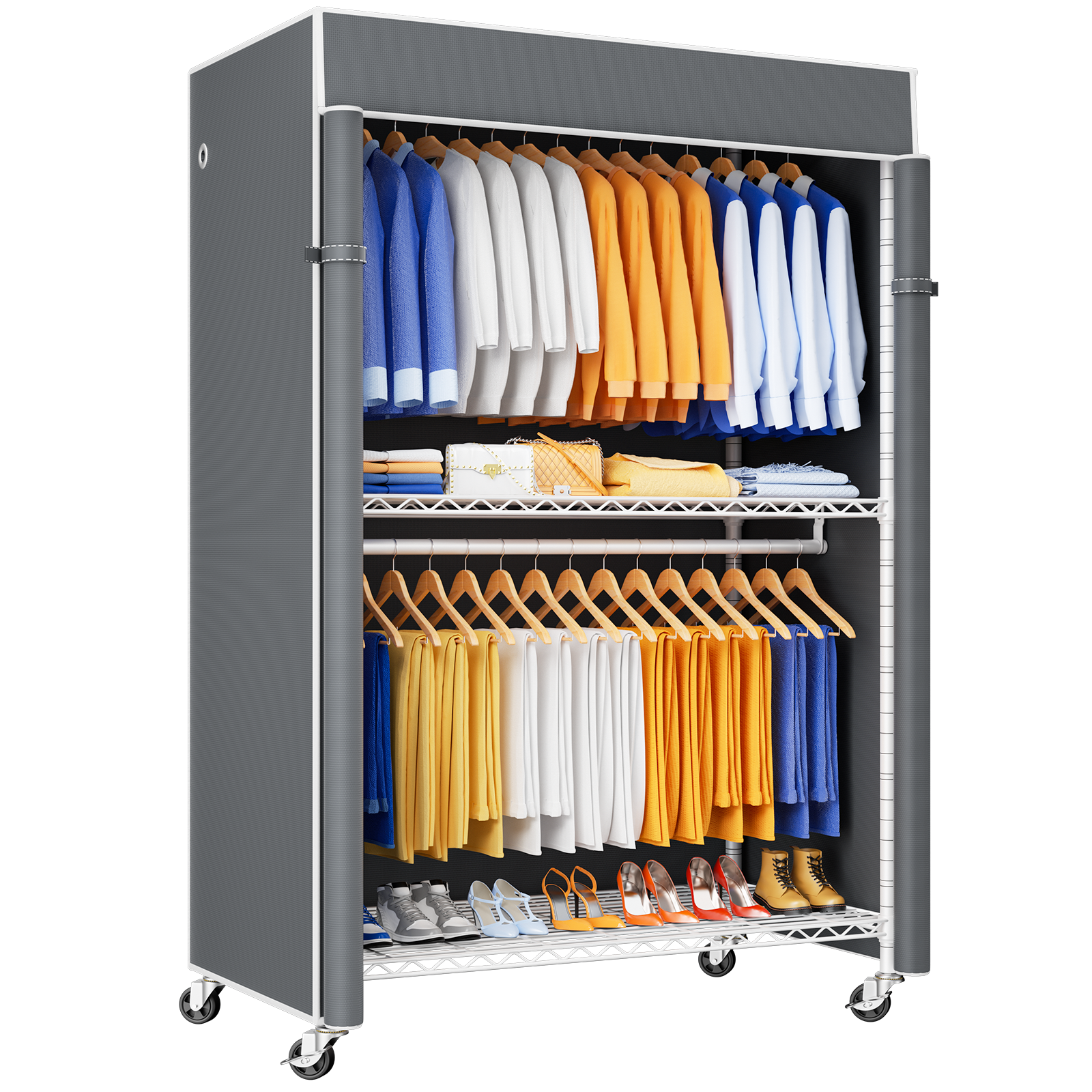 P8C Heavy Duty Clothes Rack（With Extended Width Design） Rolling Clothing Racks for Hanging Clothes with Lockable Wheels，51.2"W x 15.8"D x 80.5"H，Max Load 700LBS