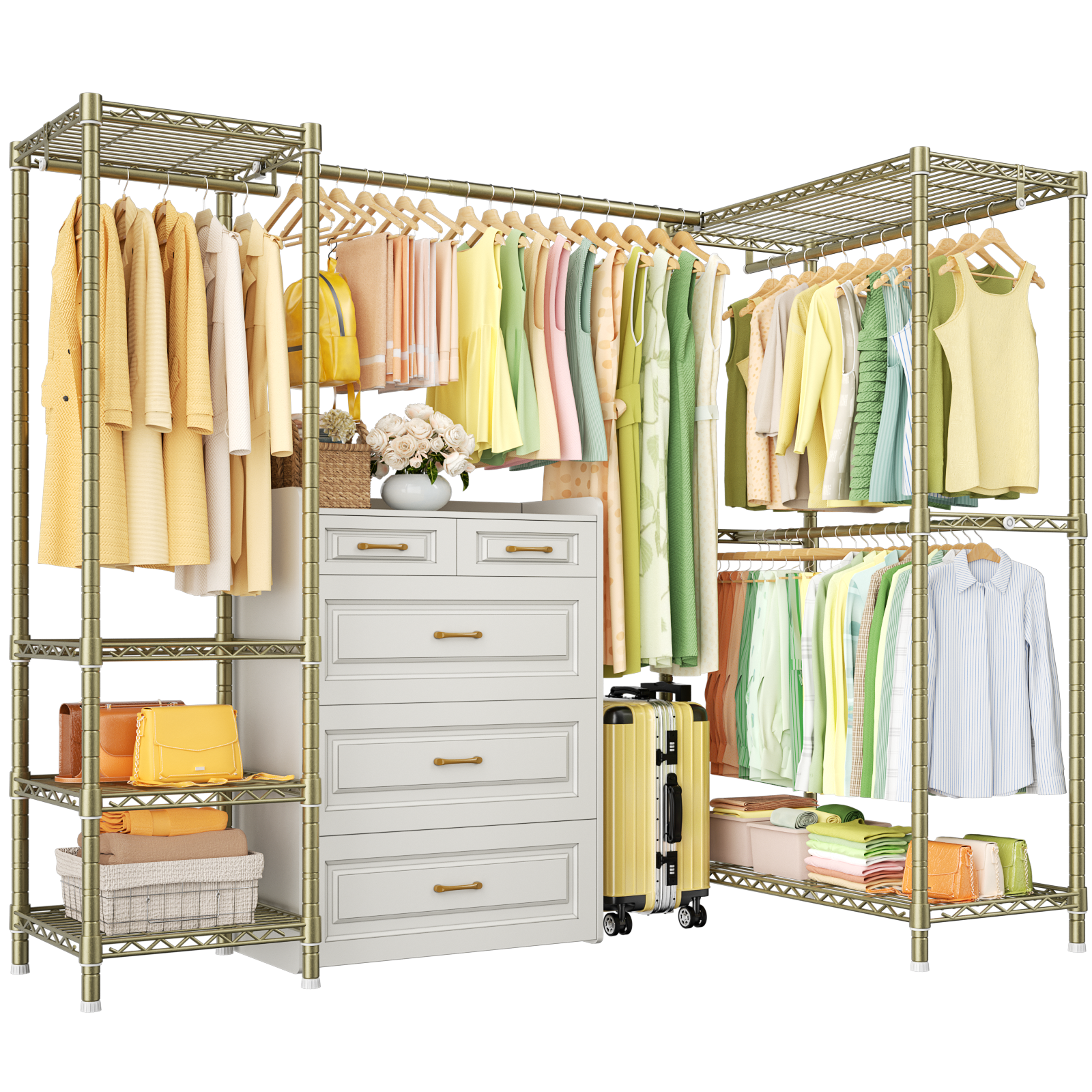 E10L L-Shaped Clothes Rack for Corner（With Expandable Hanger Rod）Heavy Duty Freestanding Clothing Racks for Hanging Clothes，Portable Garment Rack