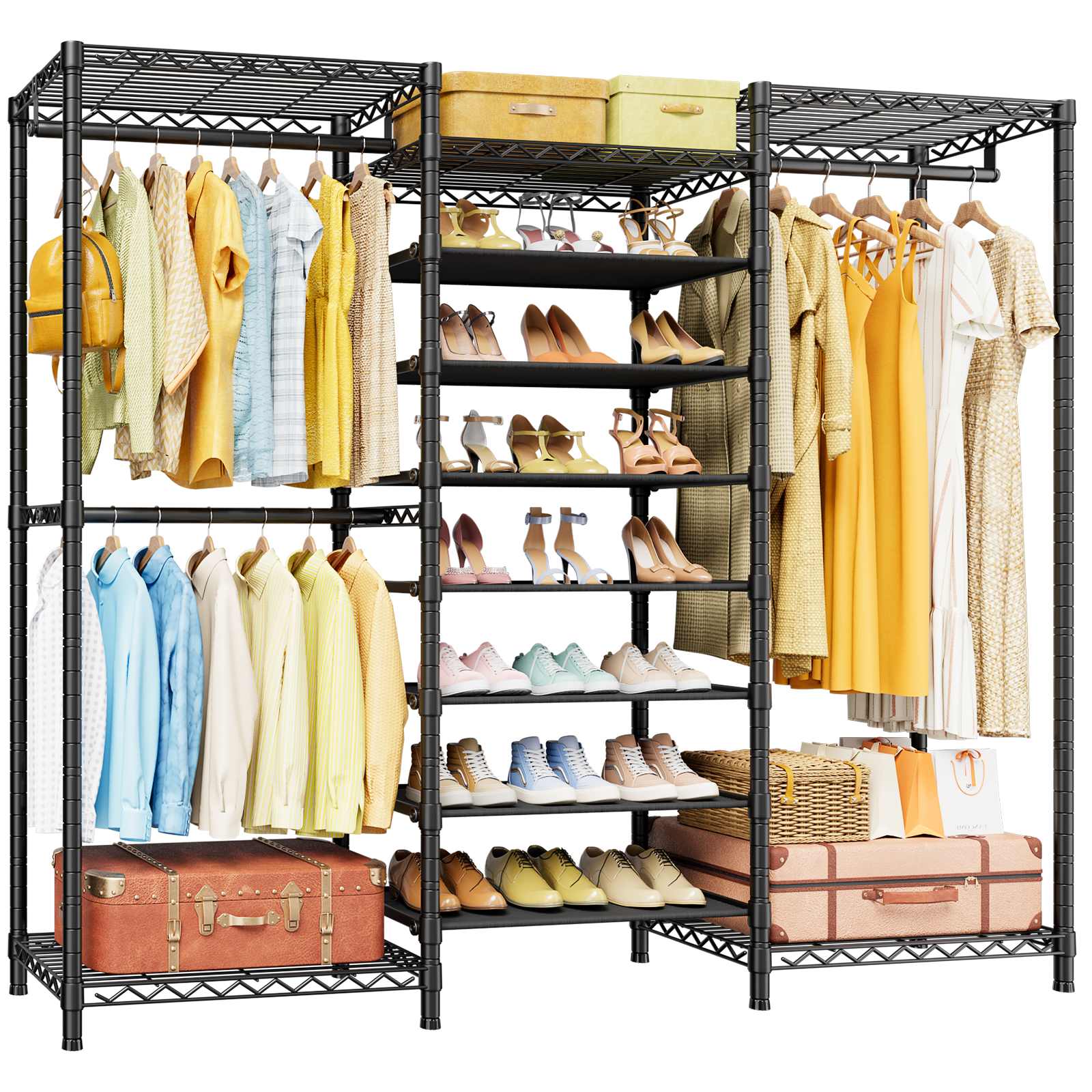 E16 Heavy Duty Clothing Rack（with 7-Tier Adjustable Shoe Rack） Freestanding Clothes Rack for Hanging Clothes
